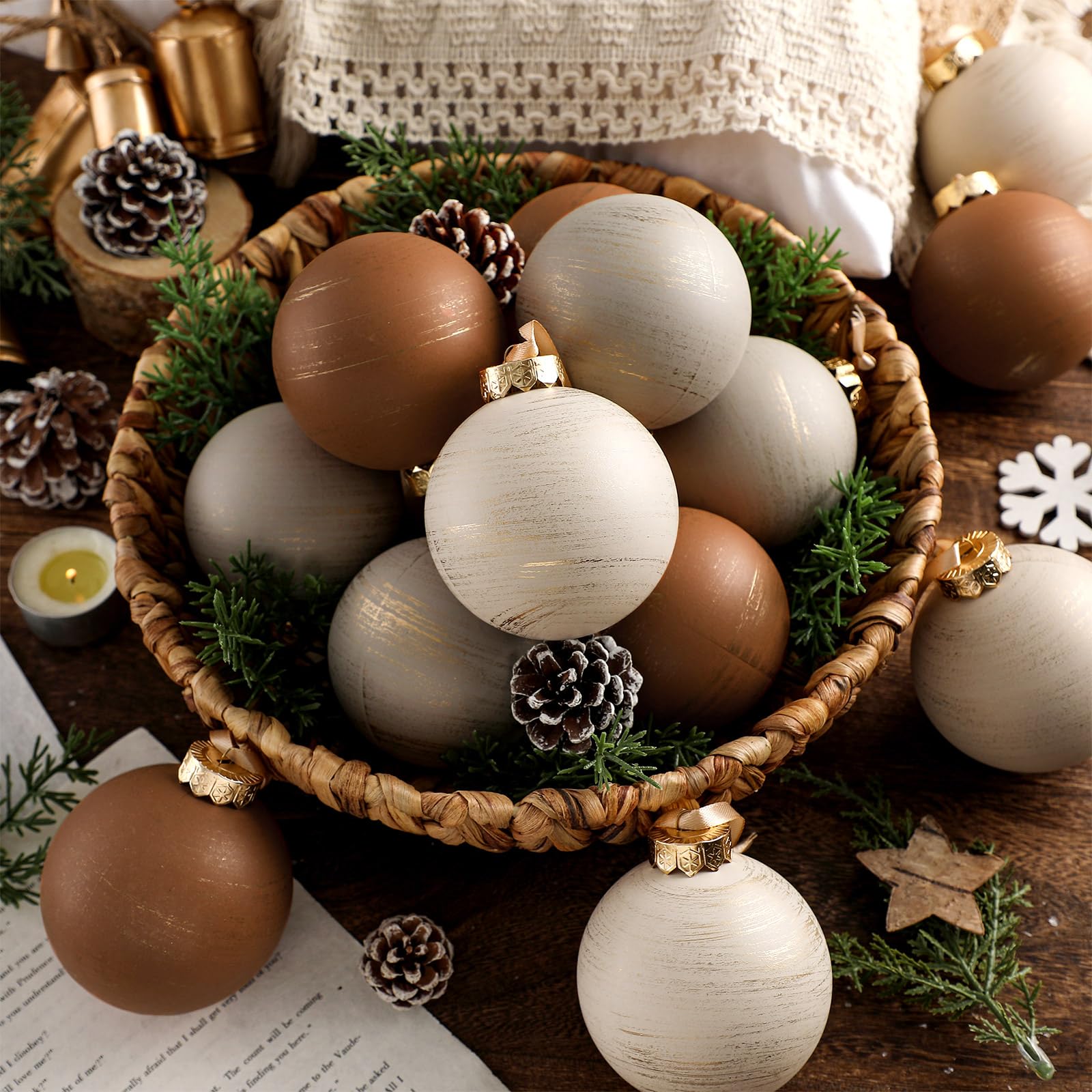 Yunlly 12 Pcs Neutral Textured Christmas Ball Ornaments 2025 3.15 Inch Rustic Vintage Xmas Tree Ornament Rust Earth Toned Xmas B