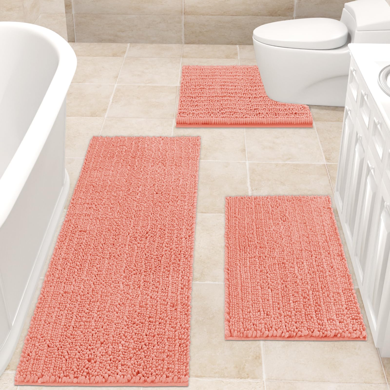 Accumtek Upgrade Extra Large Coral Bathroom Rug Set 3 Pieces Ultra Soft, Thick Absorbent Bath Mats, Non Slip Chenille Toilet Mat