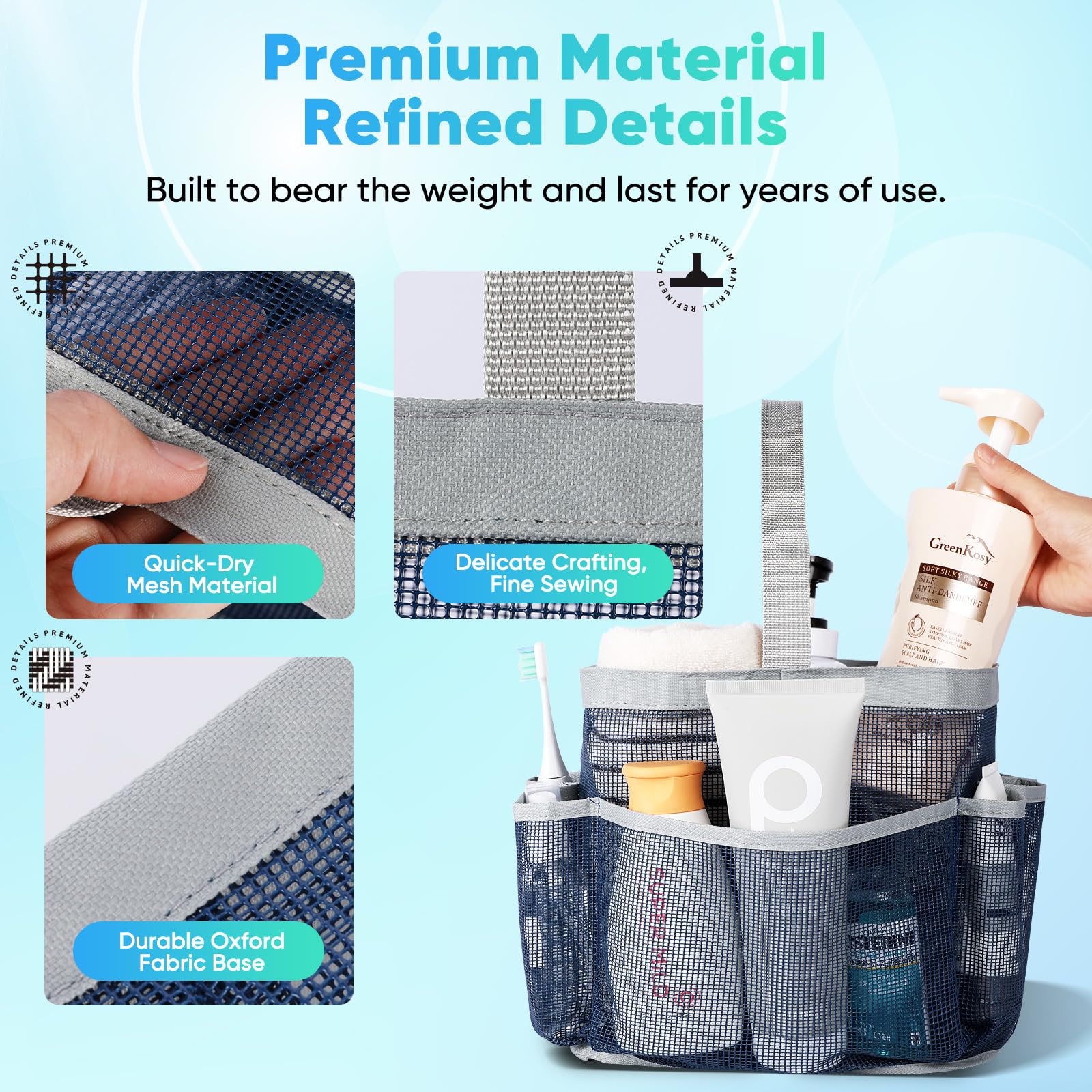 EUDELE Mesh Shower Caddy - Portable 8-Pocket Organizer for College Dorm, Beach, Gym - Navy Blue-Grey