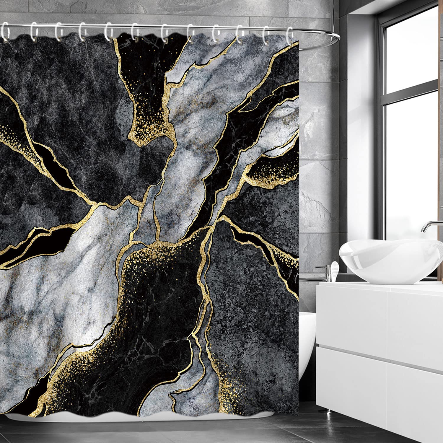 Rosielily Black Shower Curtain, Marble Shower Curtain, Abstract Shower Curtain, Black Marble Shower Curtains Set With 12 Hooks,