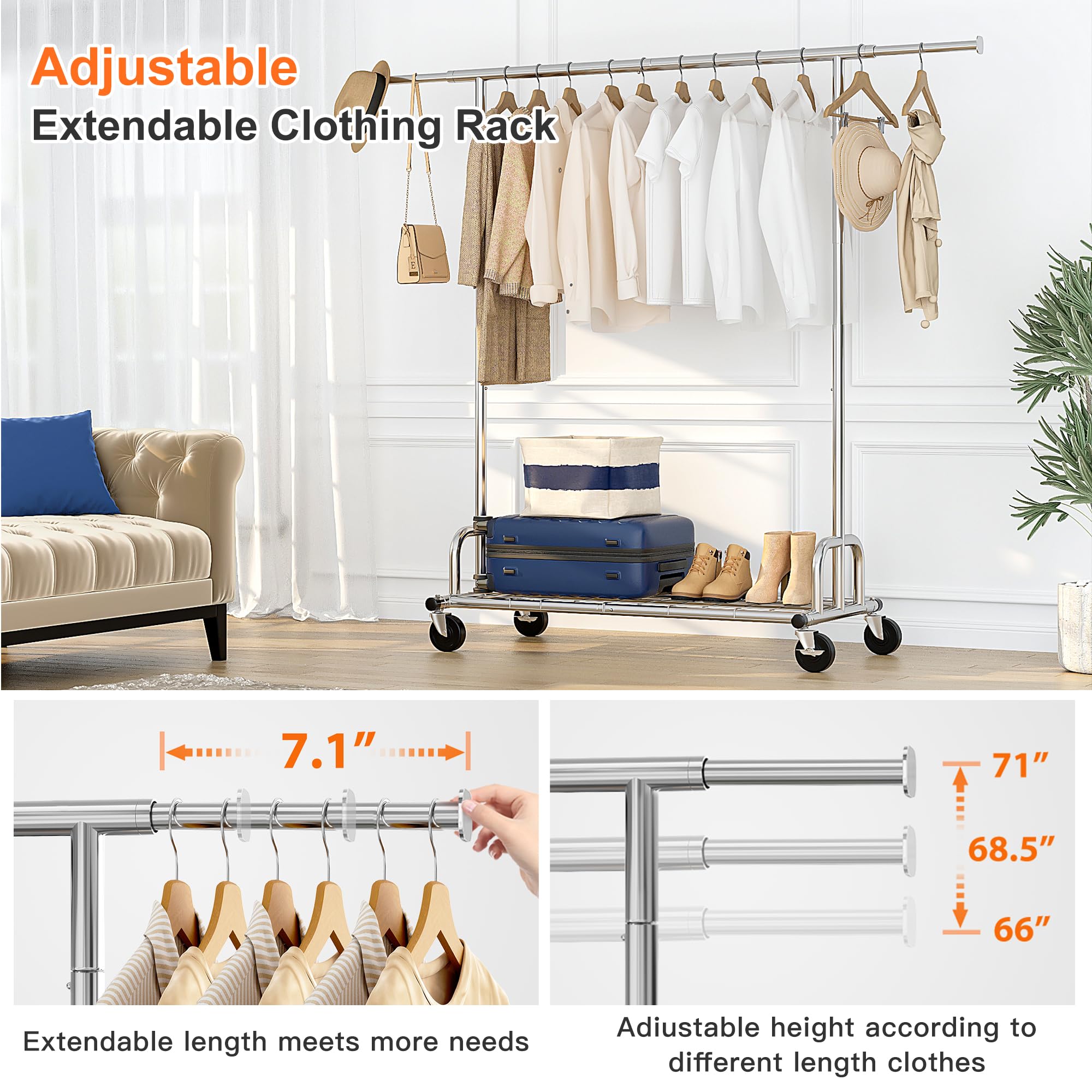 Raybee Clothing Rack Loads 480Lbs,Clothing Racks For Hanging Clothes,Adjustable Rolling Clothes Rack With Wheels,Garment Rack He