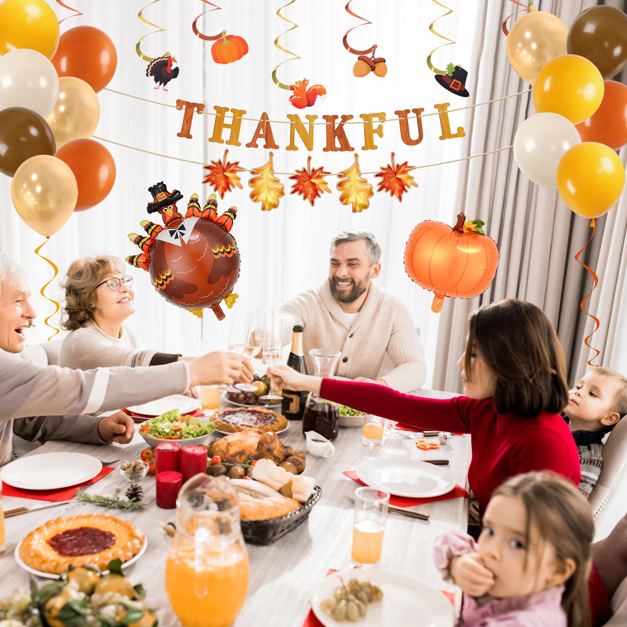 Party to Be Thanksgiving Decorations Set of 30 Pieces Thankful Banner in Wood, Hanging Swirls, Pumpkin and Turkey Balloon Kit Fa