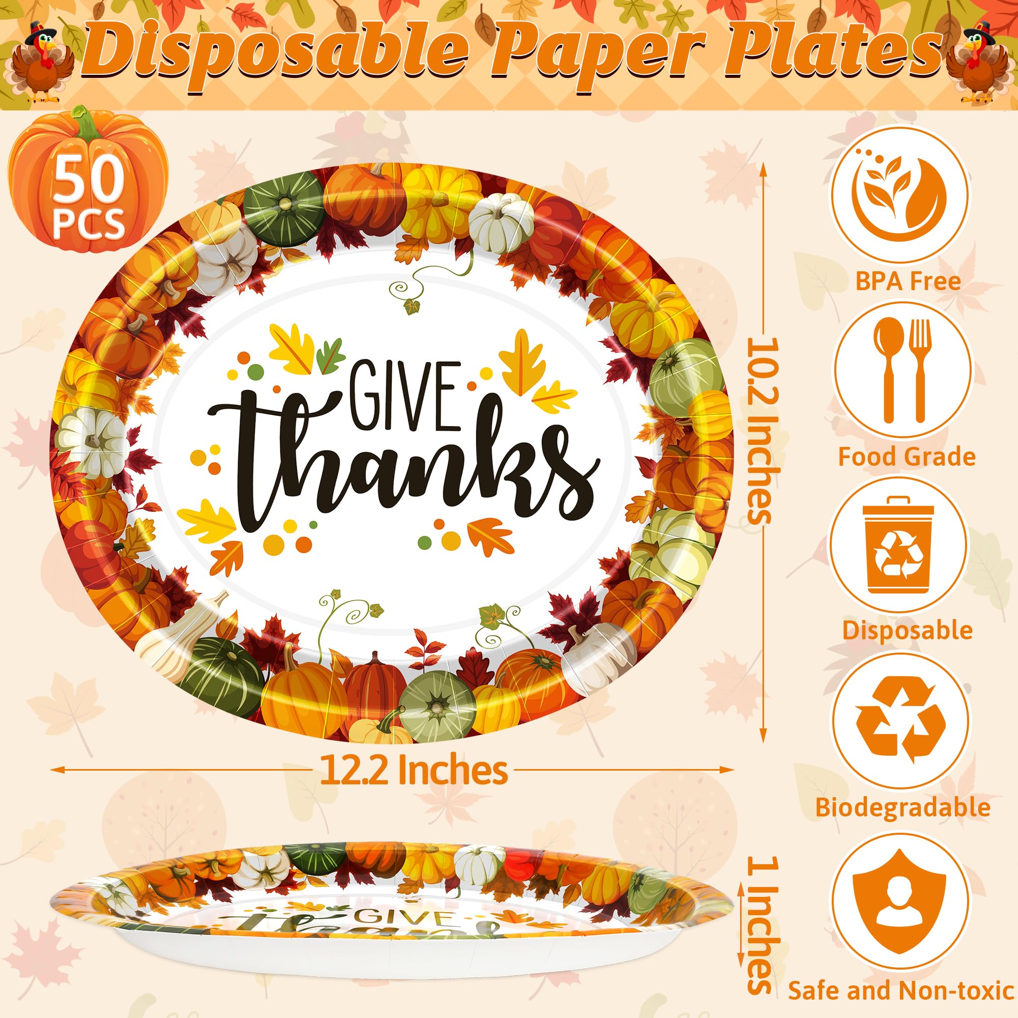 QZYL 50 Pcs Thanksgiving Plates, 12.2 x 10.2 Inches Disposable Heavy Duty Paper Plates, Oval Thanksgiving Disposable Plates Autu