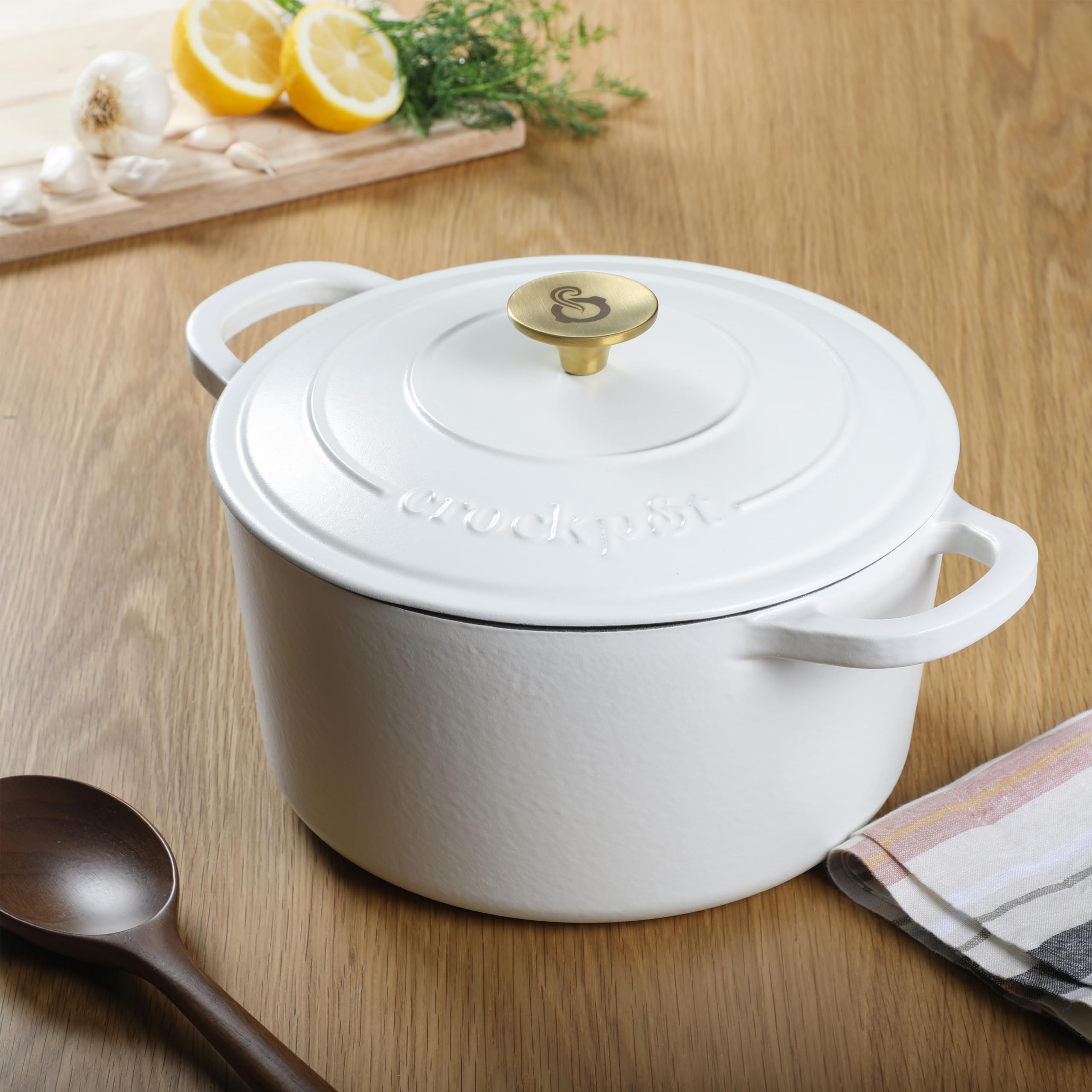 Crock Pot Artisan 5-Quart Round Dutch Oven - Matte Linen White W/Gold Knob