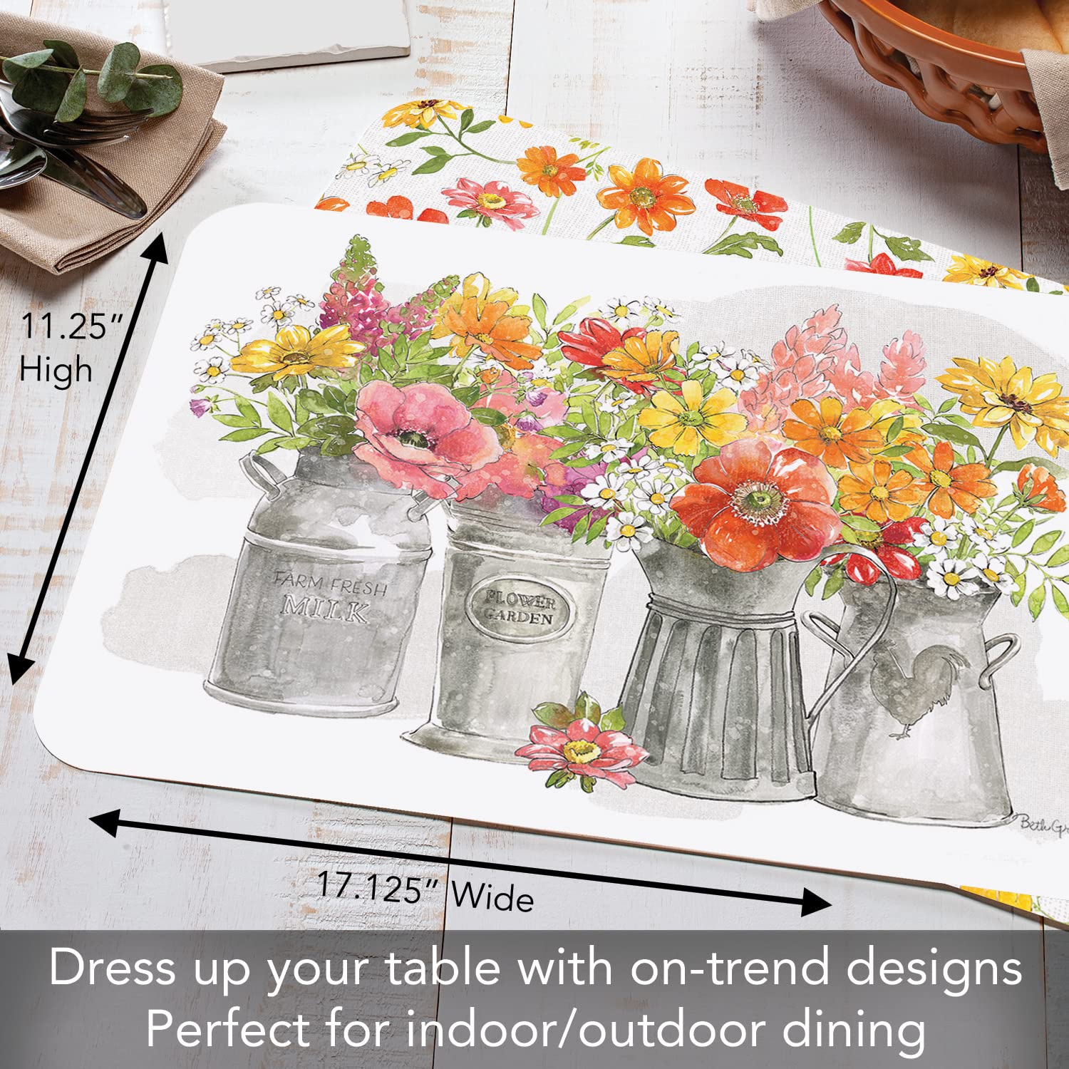 Counterart Farmhouse Floral 4 Pack Reversible Easy Care Flexible Plastic Placemats Made In The Usa Bpa Free Pvc Free Easily Wipe