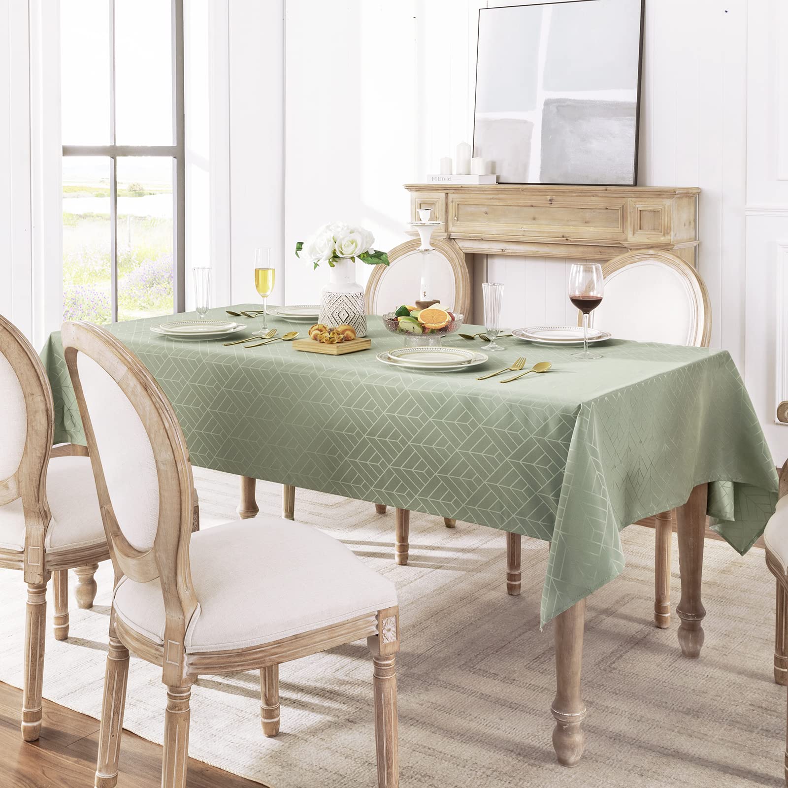 Efficinature Rectangle Tablecloths 60 X 84 Inch Waterproof Washable Sage Green Oblong Table Clothes For 6 Foot Tables Geometry S