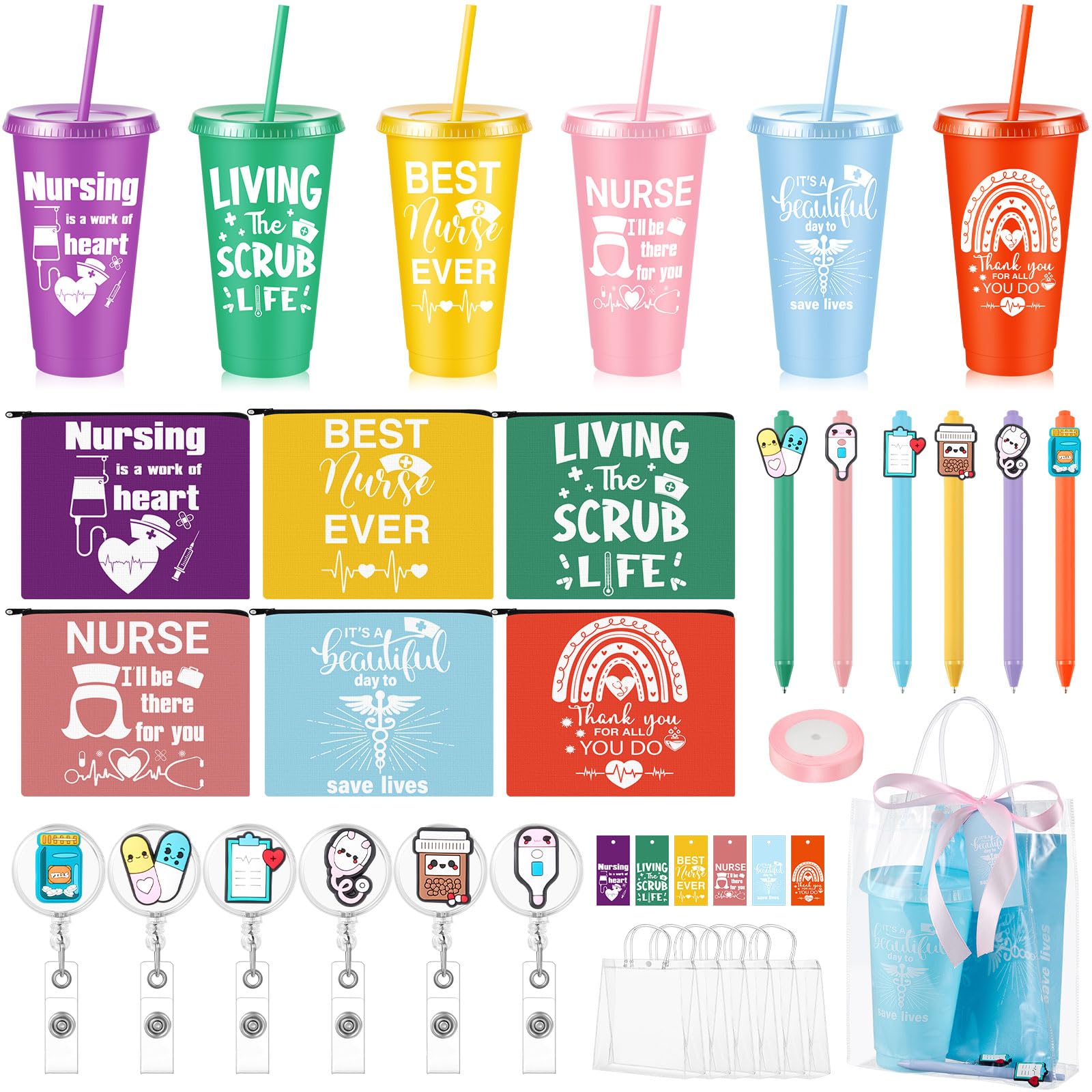 Pickmesh 6 Set Nurses Week Gifts Bulk 2026 - Nurse Pens, 24oz Straw Tumblers, Makeup Bags, Badge Reels & Pouch for Medical Assis