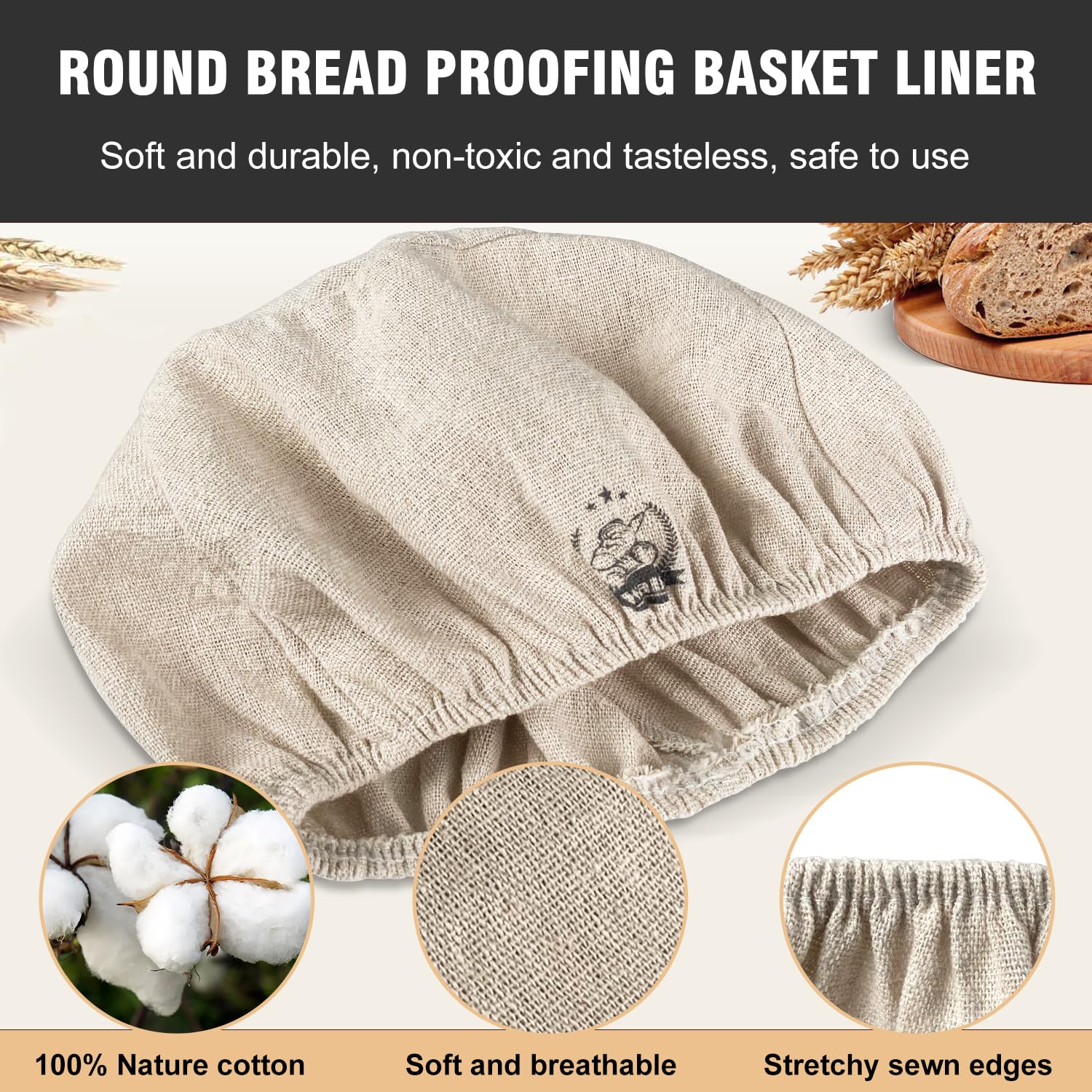 Walfos Bread Basket Liner Cloth, 6 Packs 10 Inch Round Bread Proofing Basket Cloth Liner, Baking Dough Basket Cover Natural Ratt
