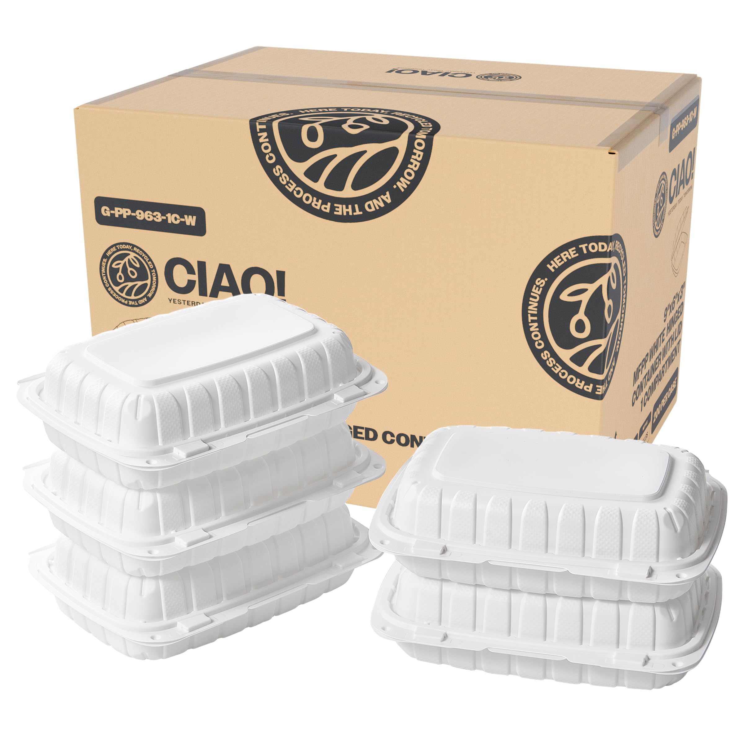 Ciao! 9X6X3 Mfpp White Hinged Container With Lid 1 Compartment (Case Of 200)