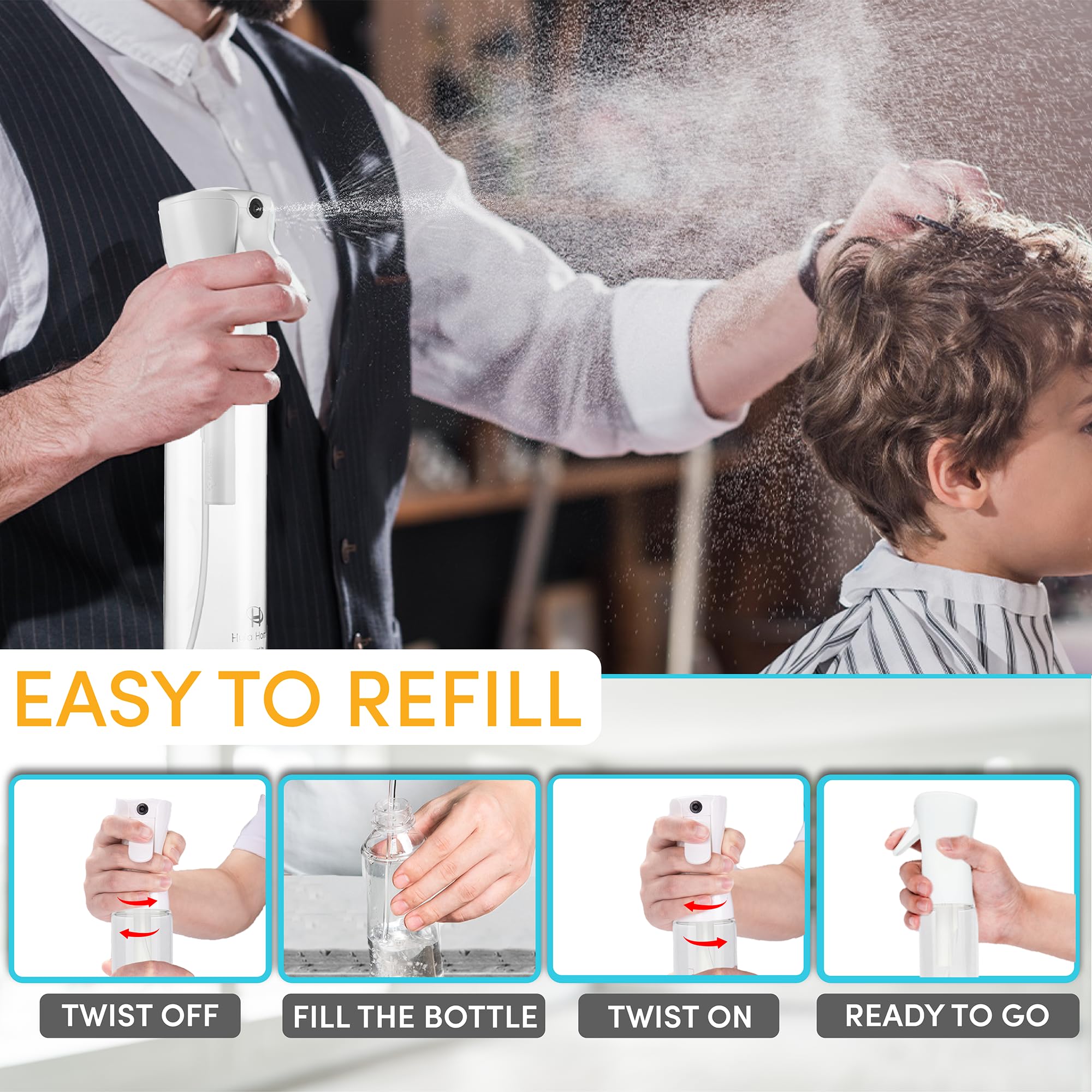 Hula Home Continuous Spray Bottle (10.1oz/300ml) Empty Ultra Fine Plastic Water Mist Sprayer - For Hairstyling  Cleaning  Salons  Plants  Essential Oil Scents & More - White