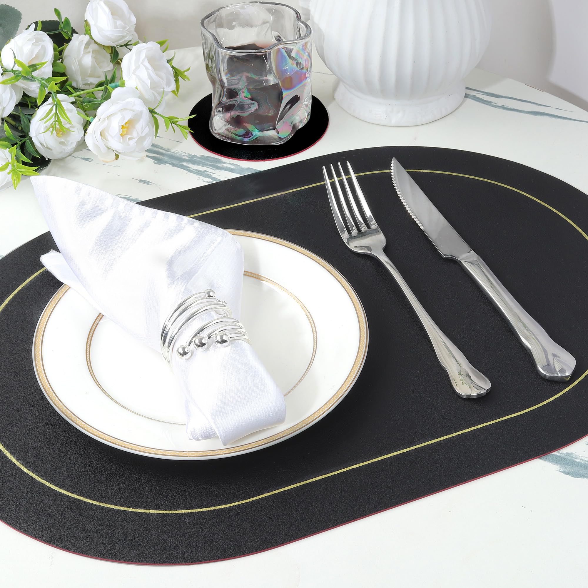Fanquare Faux Leather Oval Placemats And Coasters Set Of 12 Double-Sided Color Placemat And Small Round Coaster Waterproof Table