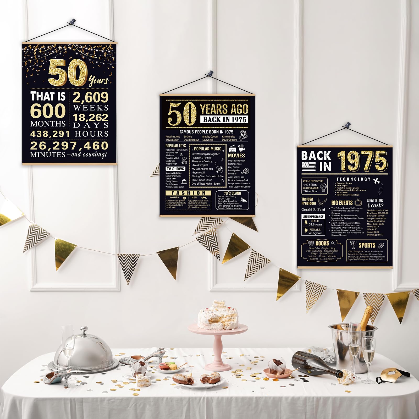 50 Years Ago 50th Birthday Wedding Anniversary Poster 3 Pieces 11 x 14 70s Party Decorations Supplies Large Sign Home Decor Black & Gold Wall Art Prints for Men and Women (Back in 1974-50 Years)