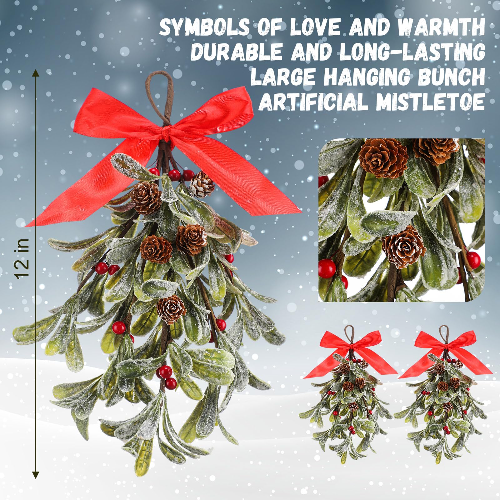 Daifunli 2 Pcs 12 '' Red Large Christmas Mistletoe Decor Xmas Holiday Artificial Mistletoe Giant Kissing Hanging Bouquet Christm