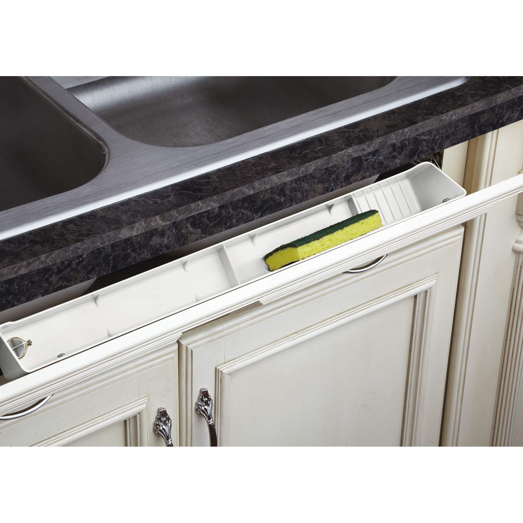 Rev-A-Shelf 30 Tip-Out Plastic Sink Tray For Kitchen And Bathroom Base Cabinets, Large Pullout Vanity Shelf Home Organizer, Wh