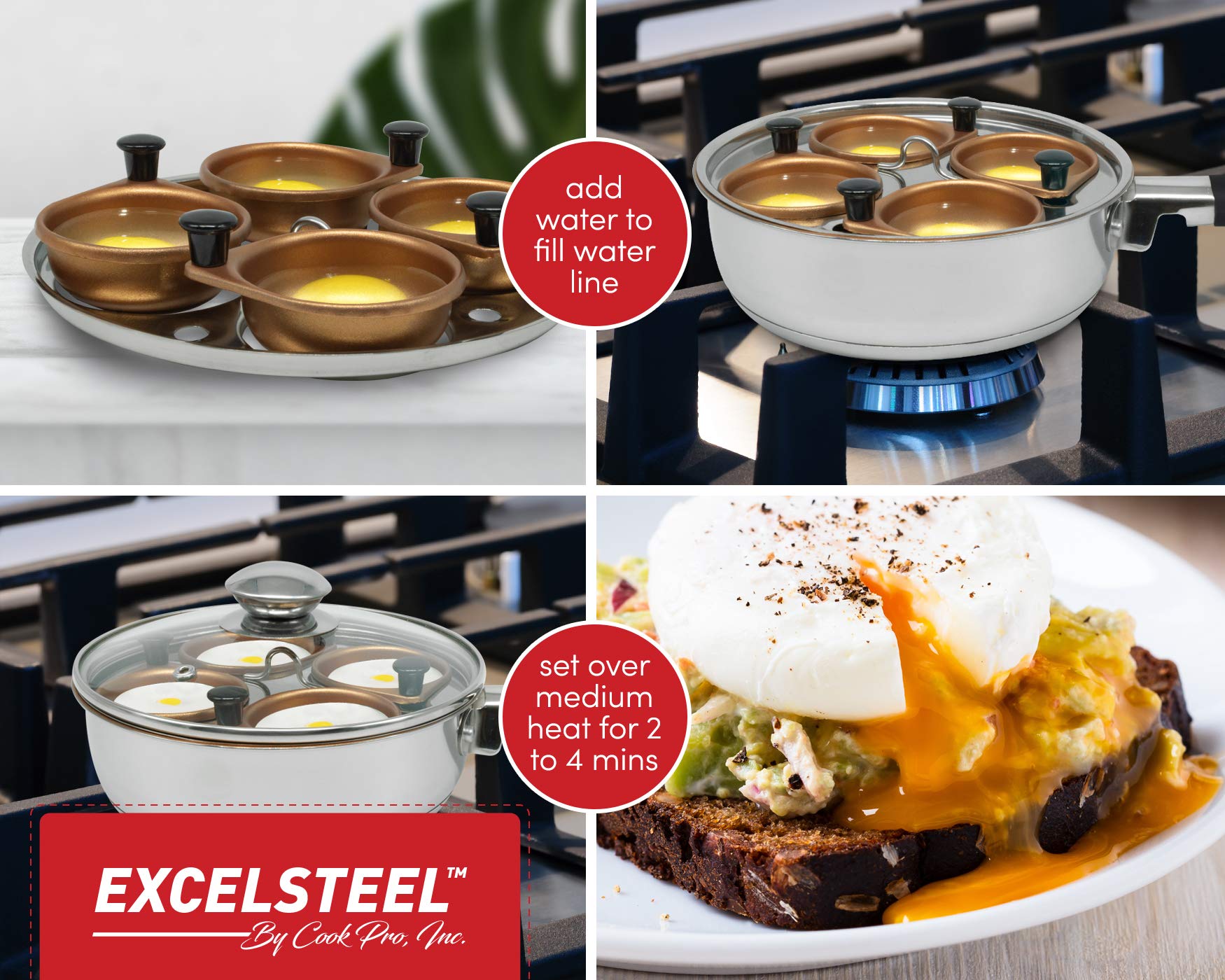Excelsteel Non Stick Easy Use Rust Resistant Home Kitchen Breakfast Brunch Induction Cooktop Egg Poacher, 4 Cup, Gold Tone
