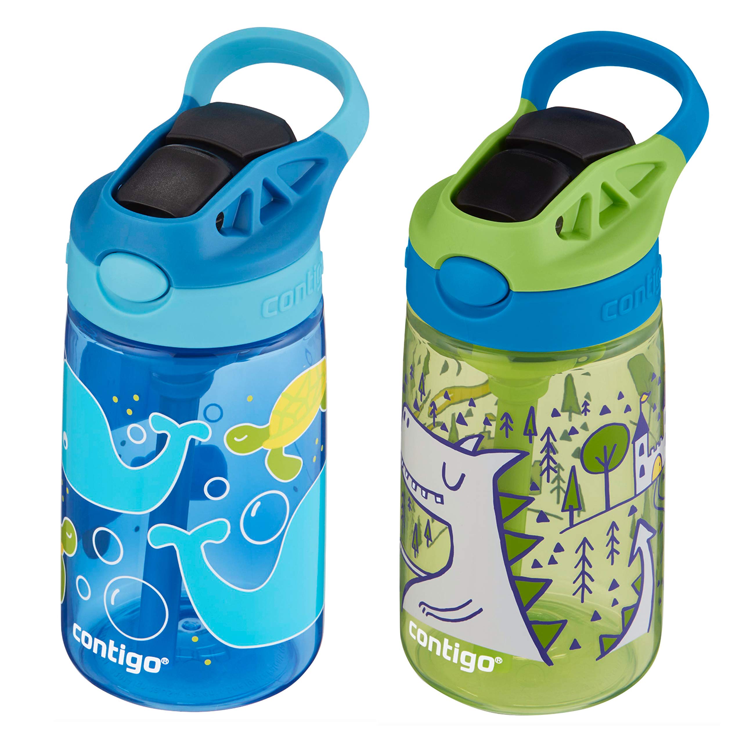 Contigo Aubrey Kids Water Bottle with Silicone Straw and Spill Proof Lid, 14oz, 2-Pack, Whales & Dragon, Blue & Green