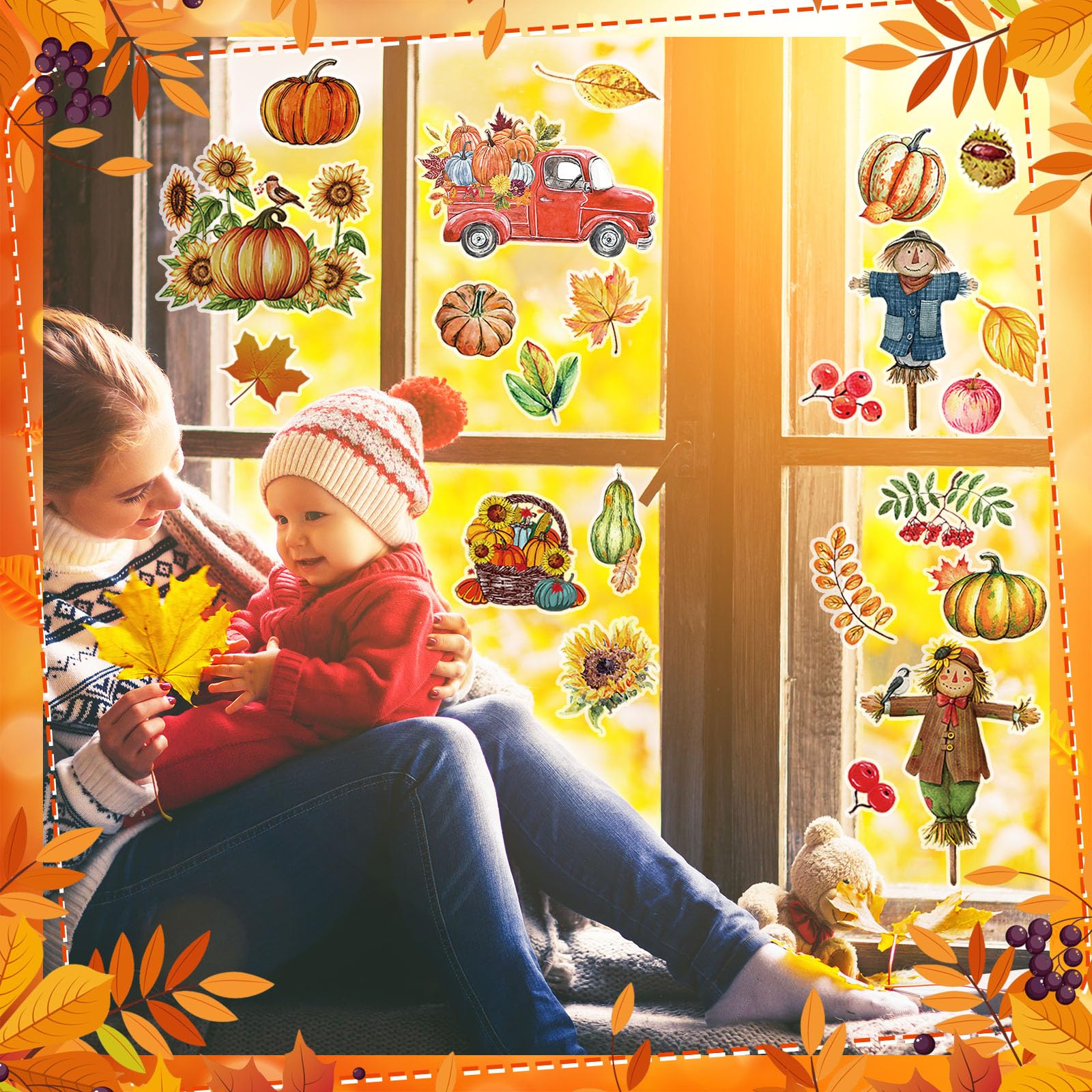 Motipuns 2 Sheet 88 Pcs Thanksgiving Gel Window Clings Fall Thick Gel Cling Removable Reusable Autumn Harvest Window Sticker Pum