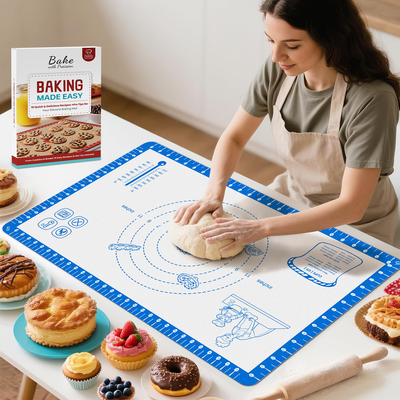 Non Stick Silicone Pastry Mat for Dough Rolling,Silicone Baking Mat with Measurement for Baking Pie Crust, Pizza & Cookies, Baki