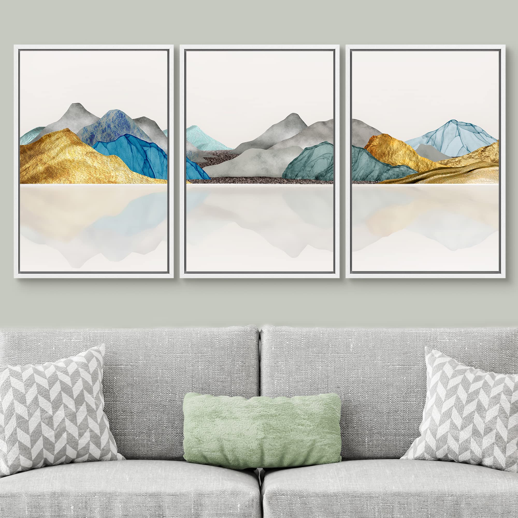 Signwin Framed Canvas Print Wall Art Set Vibrant Gold Teal Mountain Range Nature Wilderness Illustrations Modern Art Decorative