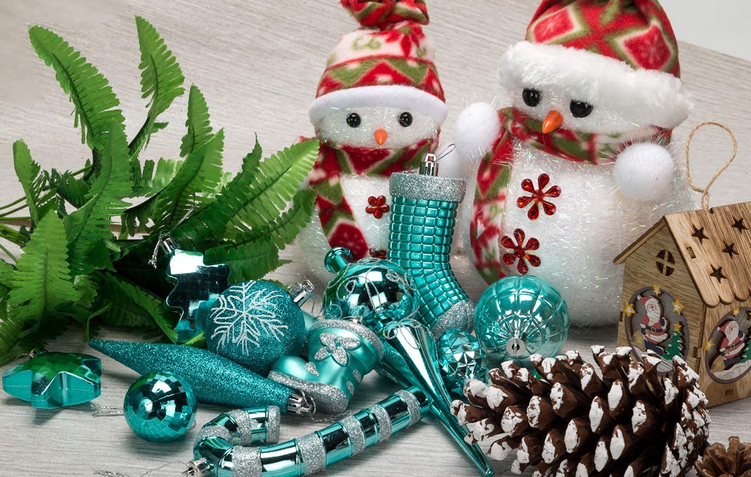 AUXO-FUN 54 Pieces Assorted Christmas Ornaments Tree Decoration Baubles in Gift Box (Turquoise Blue, Gift Box)