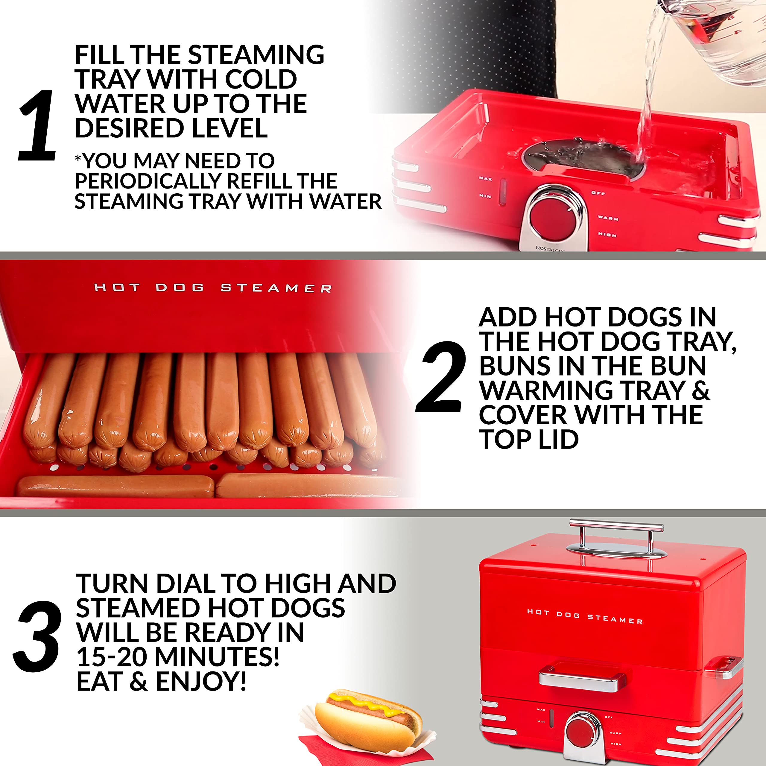 Nostalgia Extra Large Diner-Style Steamer 20 Hot Dogs And 6 Bun Capacity, Perfect For Breakfast Sausages, Brats, Vegetables, Fis
