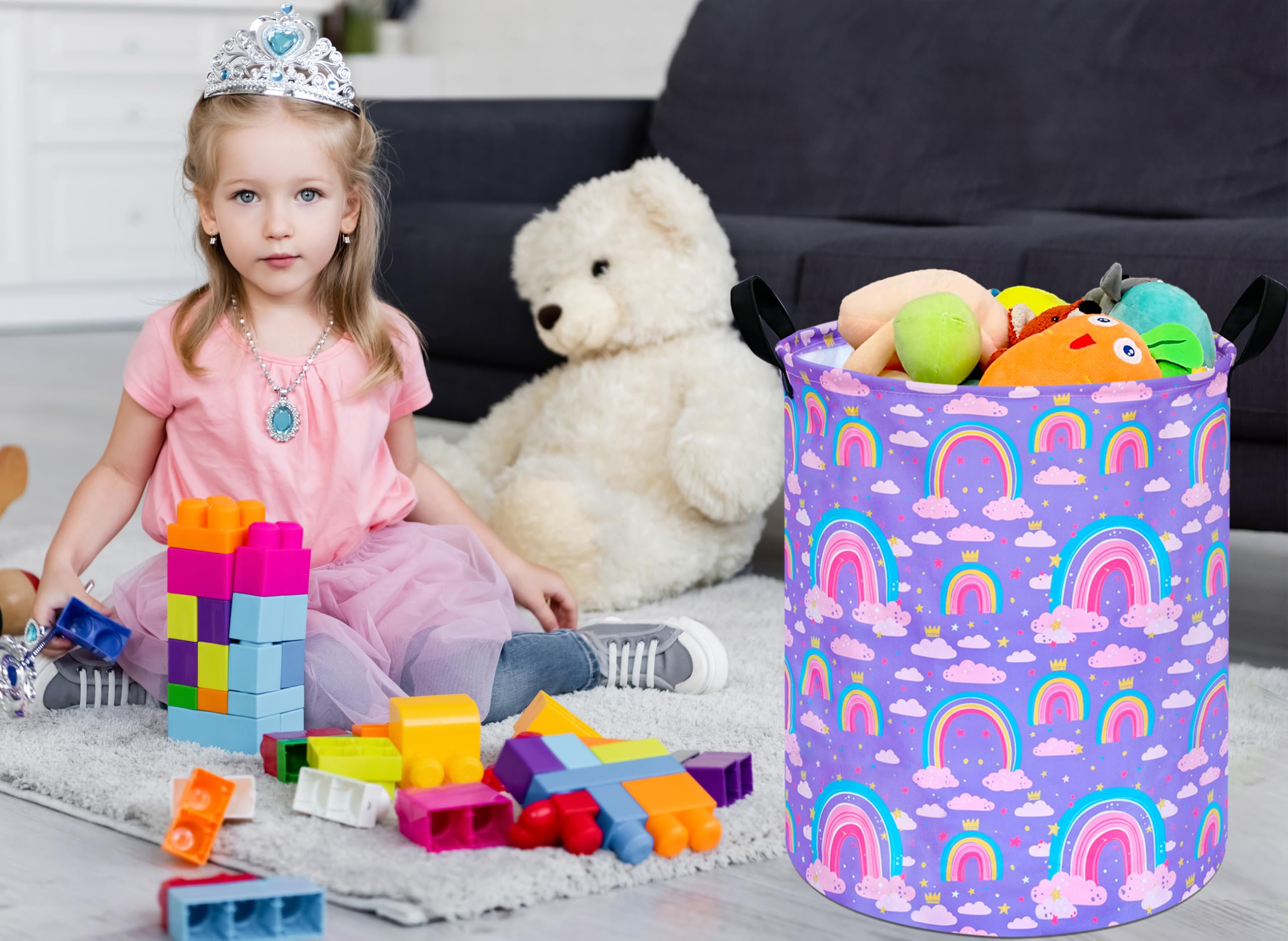 Acmuuni 19.7 Inch Purple Rainbow Round Kids Round Laundry Clothes Hamper Dino Laundry Basket With Handles,Baby Toys Storage Orga