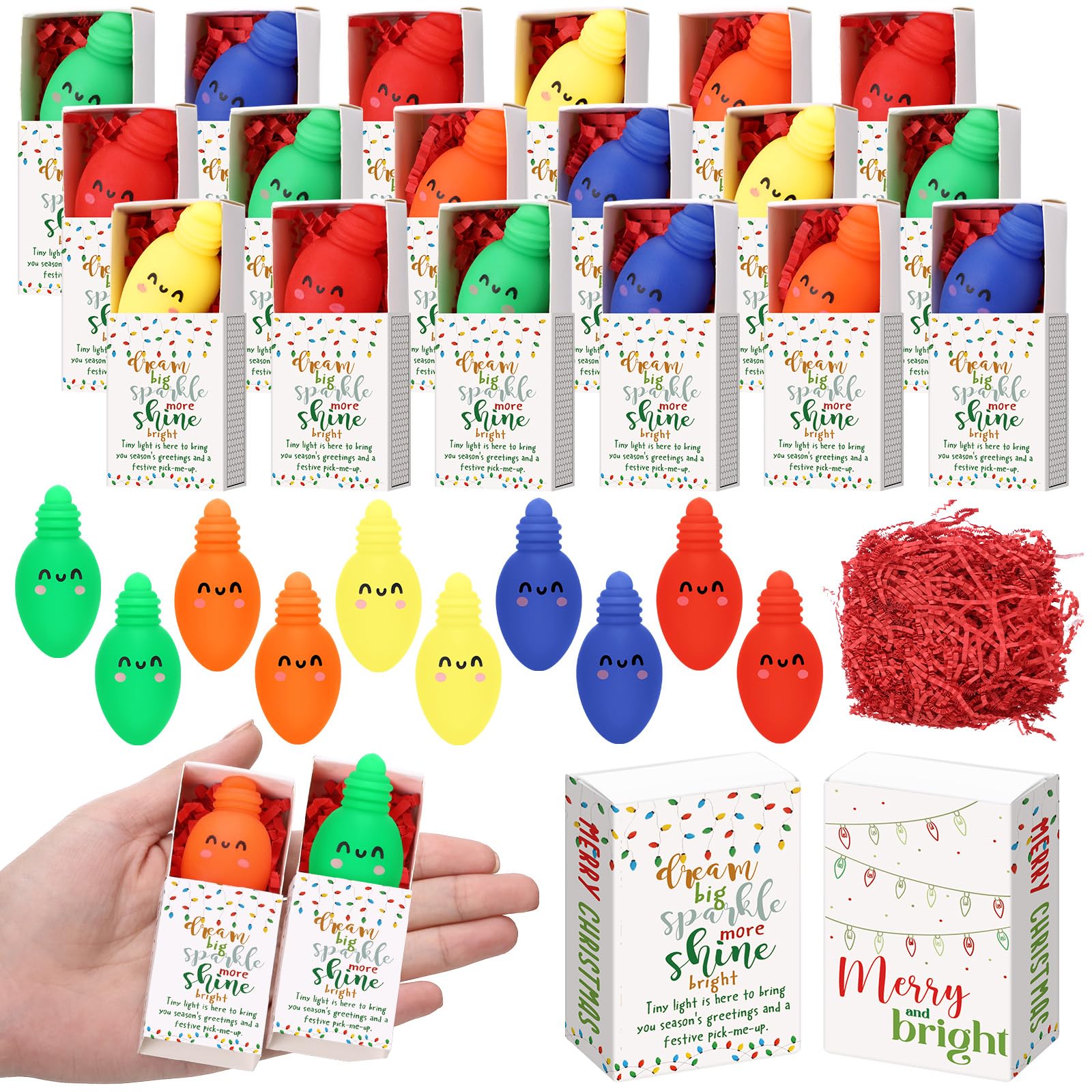 Wettarn 20 Sets Christmas Positive Gifts Light Bulb Stress Balls with Support Gift Boxes Bulk Merry Christmas Party Favors for E