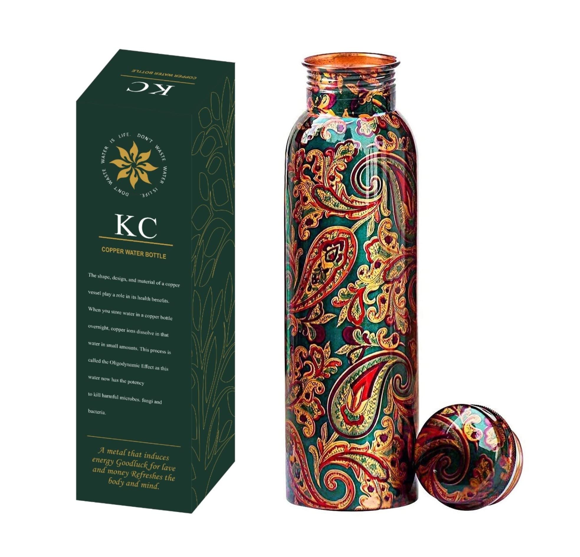 Kc Pure Copper Designer Water Bottle With Leak Proof Protection, Ayurveda And Yoga Health Benefits (1000Ml, 1Unit) With Lacqure 