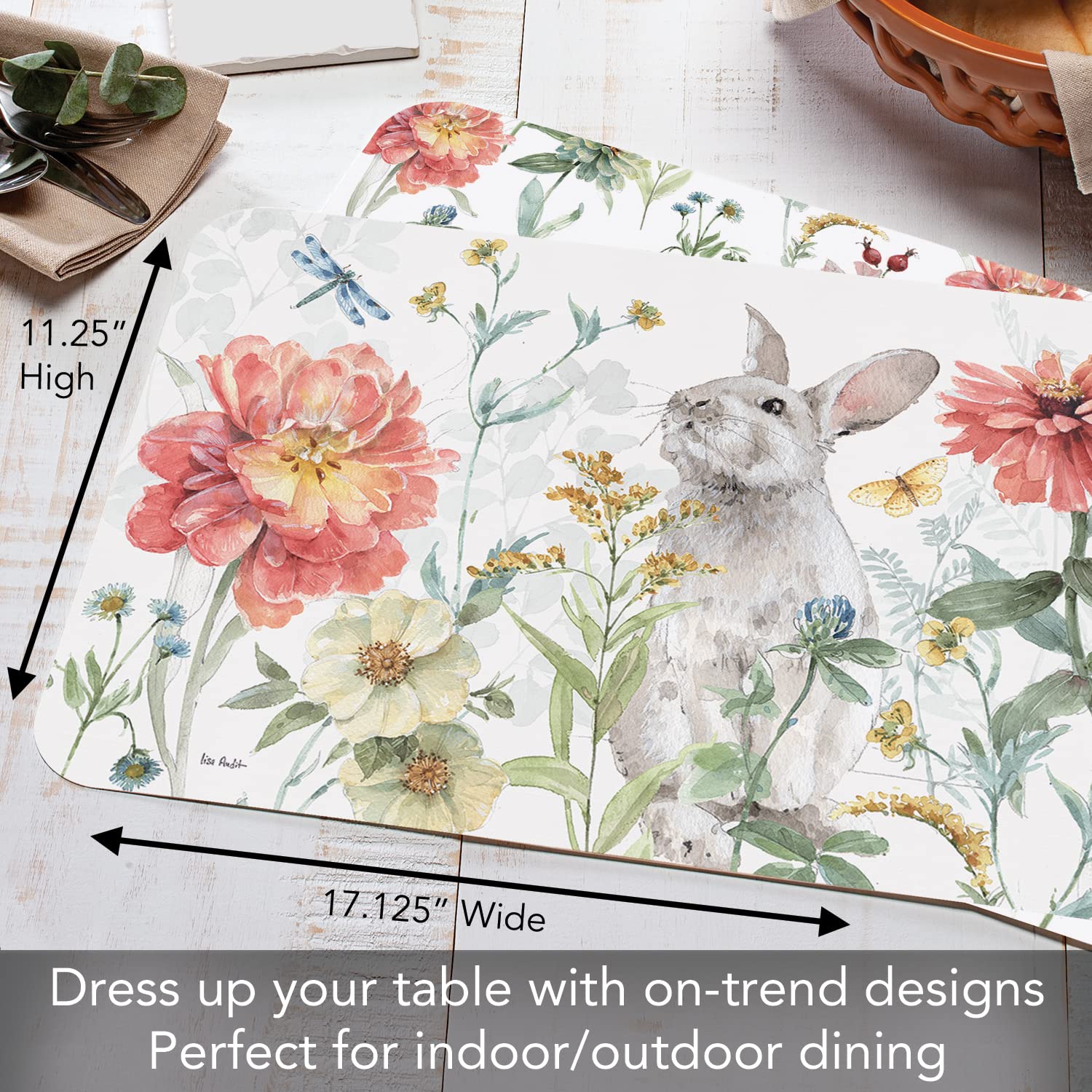 Counterart Spring Meadow Bunny 4 Pack Reversible Easy Care Flexible Plastic Placemat Made In The Usa Bpa Free Easily Wipes Clean