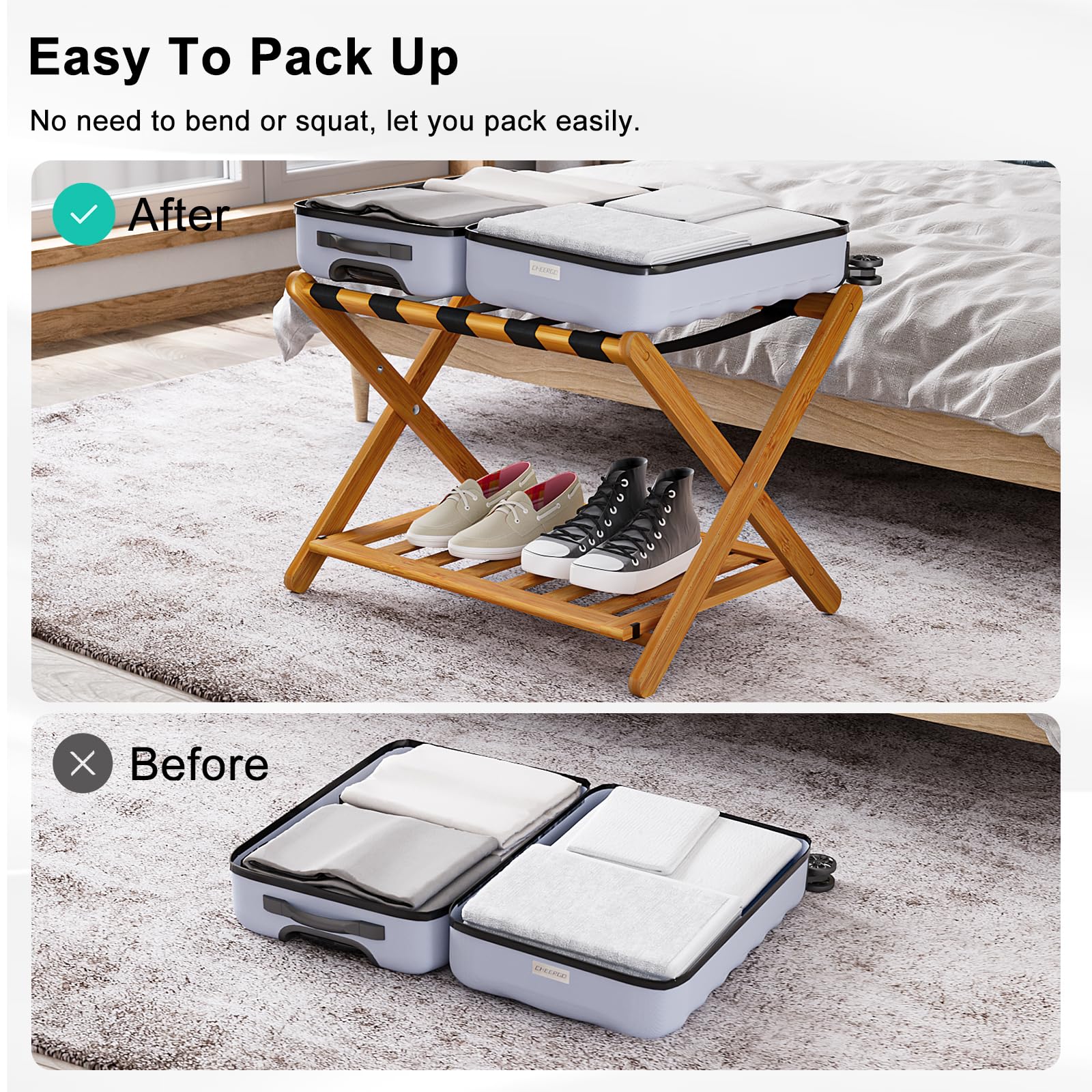 Smuxee Fully Assembled Honey Luggage Racks Pack Of 2, Upgraded Bamboo Foldable Suitcase Stand With 5 Nylon Straps, Luggage Holde