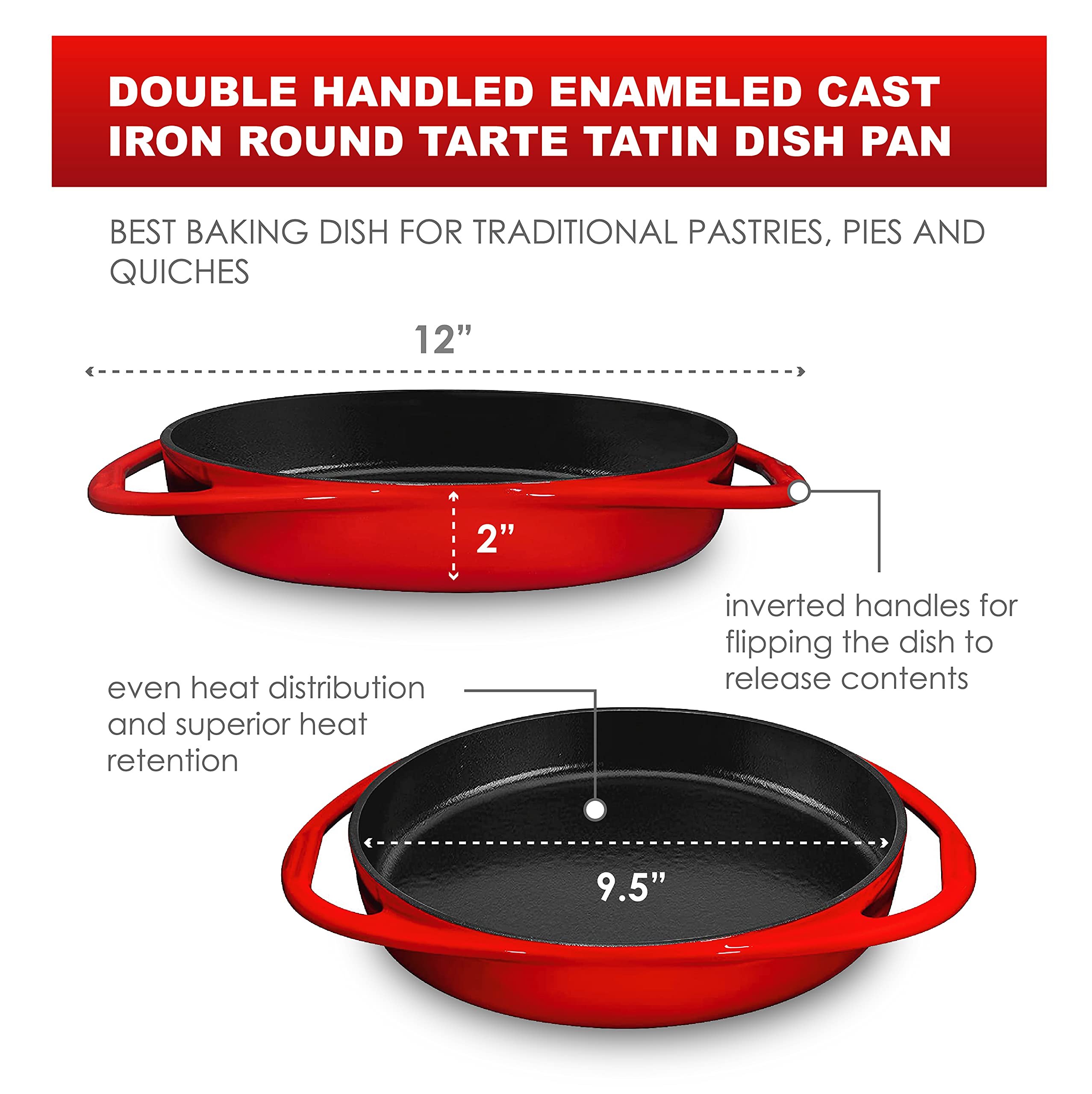Bruntmor Enameled Cast Iron Baking Pan - 9.5 Inches Round, Non-Stick, Double Handled Tarte Tatin Dish Pan - Ideal For Lasagna, C