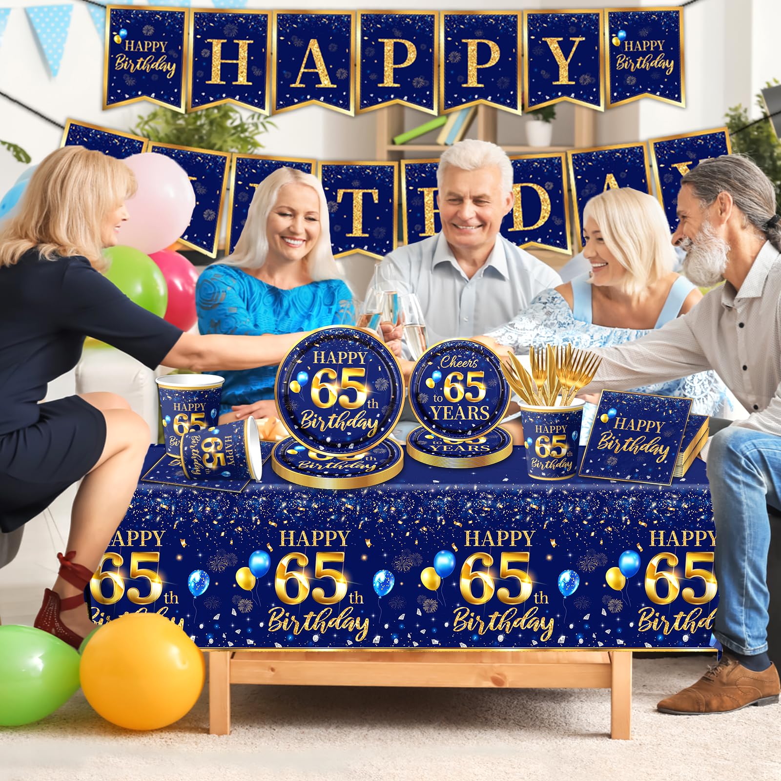 65Th Birthday Decoration Men-142Pcs Navy Blue And Gold Birthday Tableware Set(Serve For 20) Include Happy 65Th Birthday Banner P