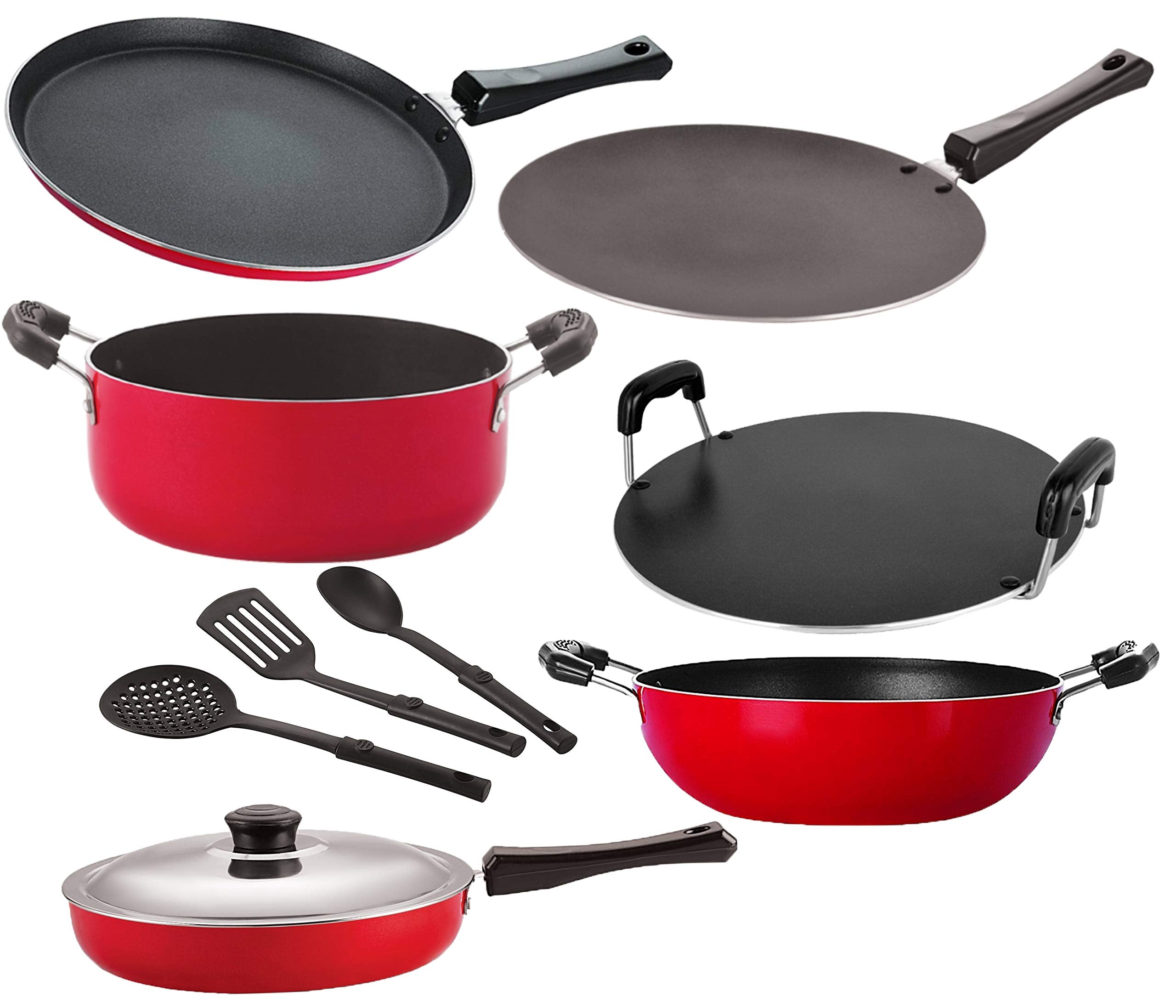 Nirlon NonStick Aluminium Cookware Set Of 9 Pieces { 26_Ft12_Ct_Kd12_Rt_Cass20_Fp12_3Spn }