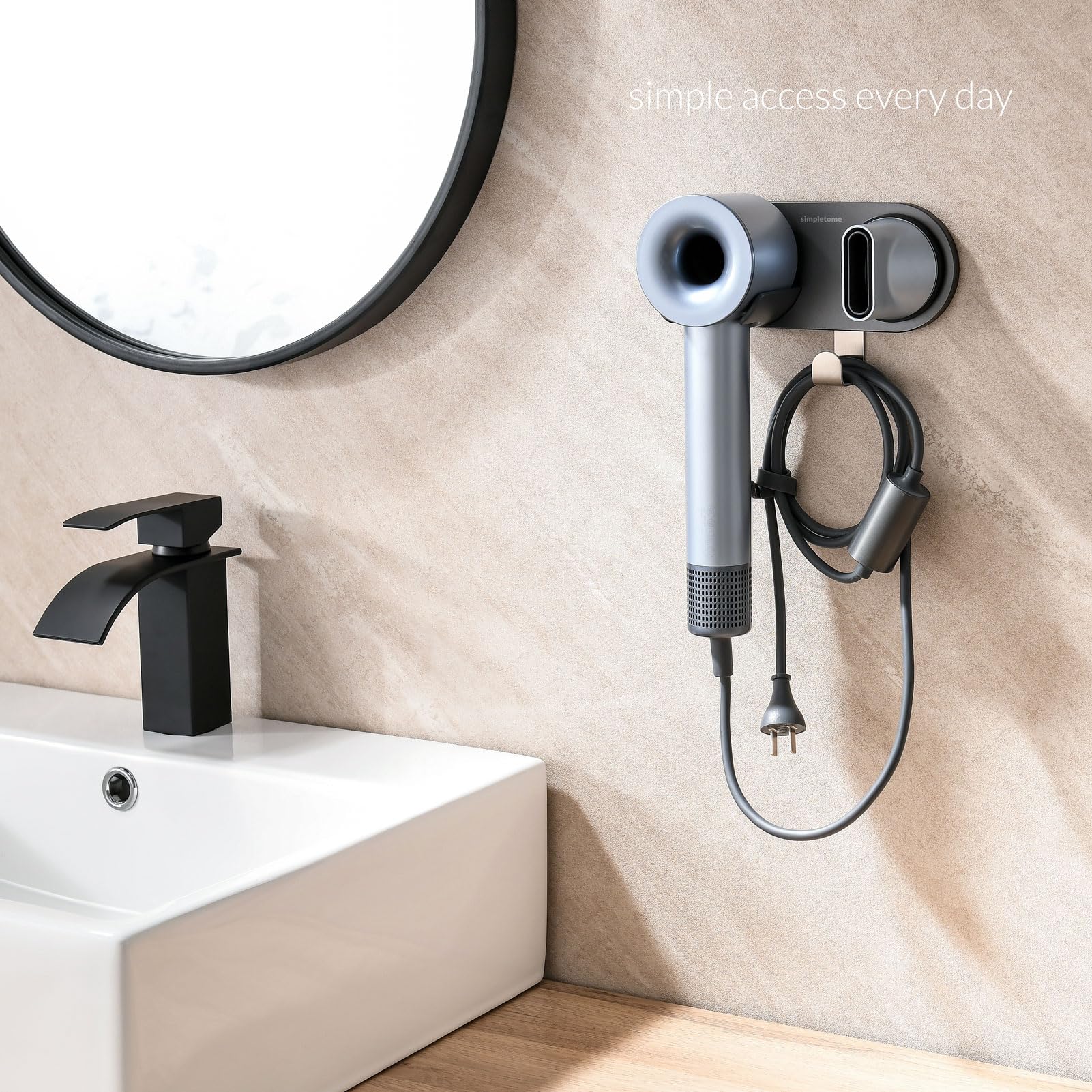 Simpletome Hair Dryer Holder Wall Mount For All Magnetic High Speed Blow Dryer With Plug Cord Organizer Hook (Abs Plastic, Grey)