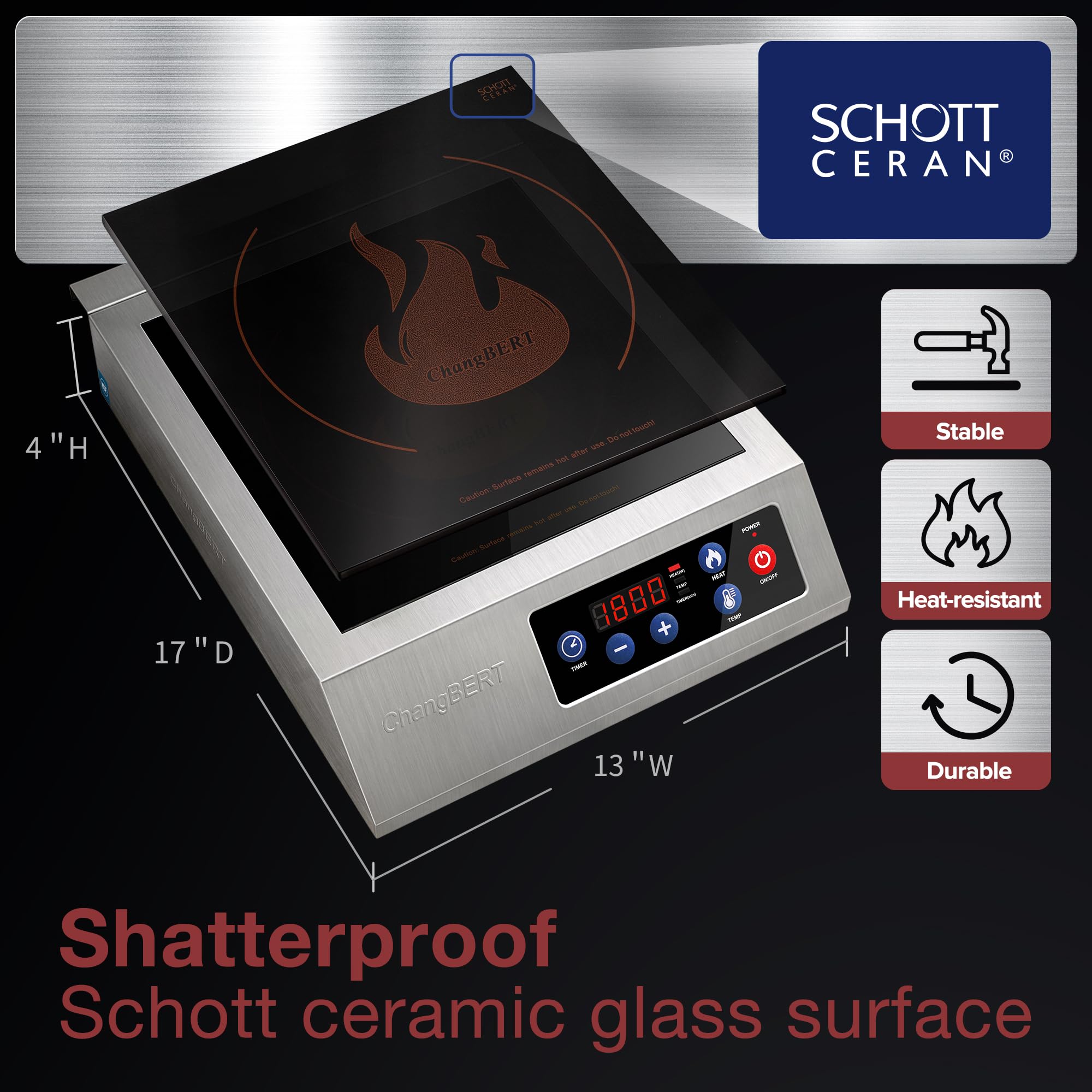 ChangBERT Induction Cooktop 1800W NSF Certified Commercial Grade Durable Countertop Burner Pro Chef Professional 18/10 Stainless Steel Housing Schott Glass 10-Hour Timer