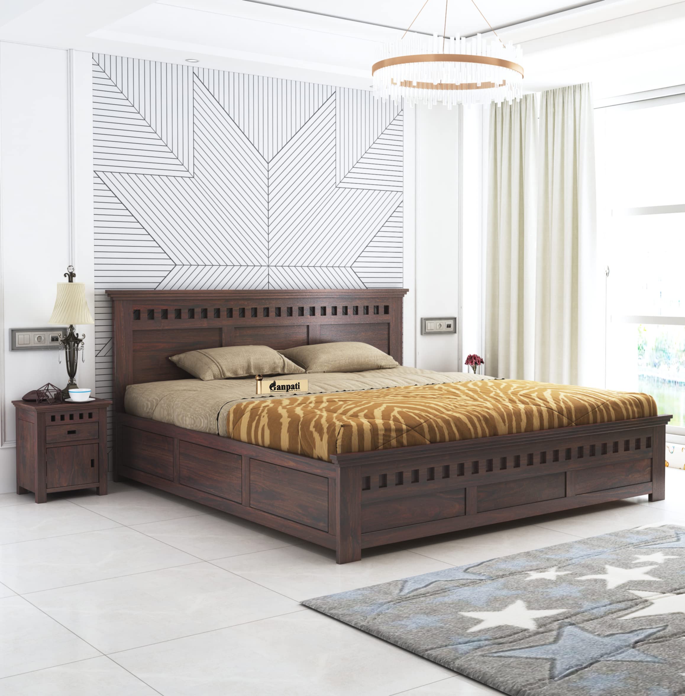 Ganpati Arts Sheesham Wood Armania Queen Size Bed With Box Storage For Bedroom Living Room Wooden Double Bed Palang (Walnut Fini