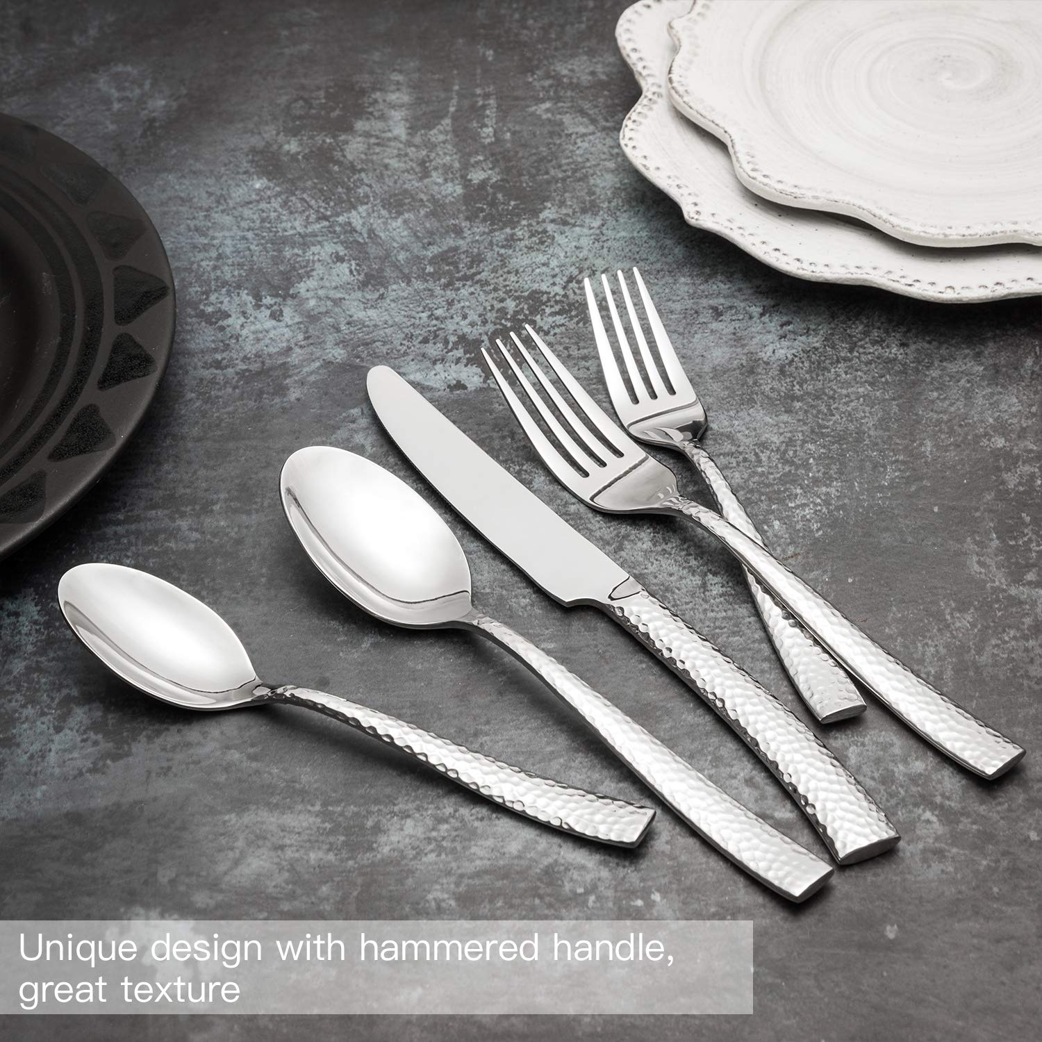 Kelenfer Flatware Set Silverware Cutlery Set Forged Stainless Steel 20 Piece Hammered Handle Service For 4