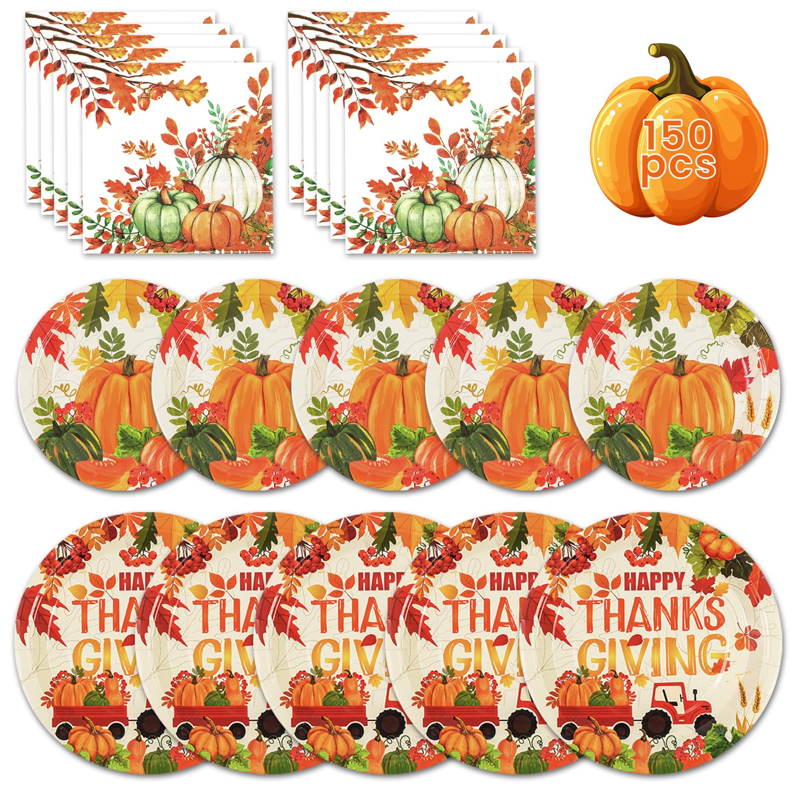 EVYIENEN 150Pcs Thanksgiving Paper Plates and Napkins,Disposable Watercolor Pumpkin Maple Disposable Plates Autumn Plates for Fa