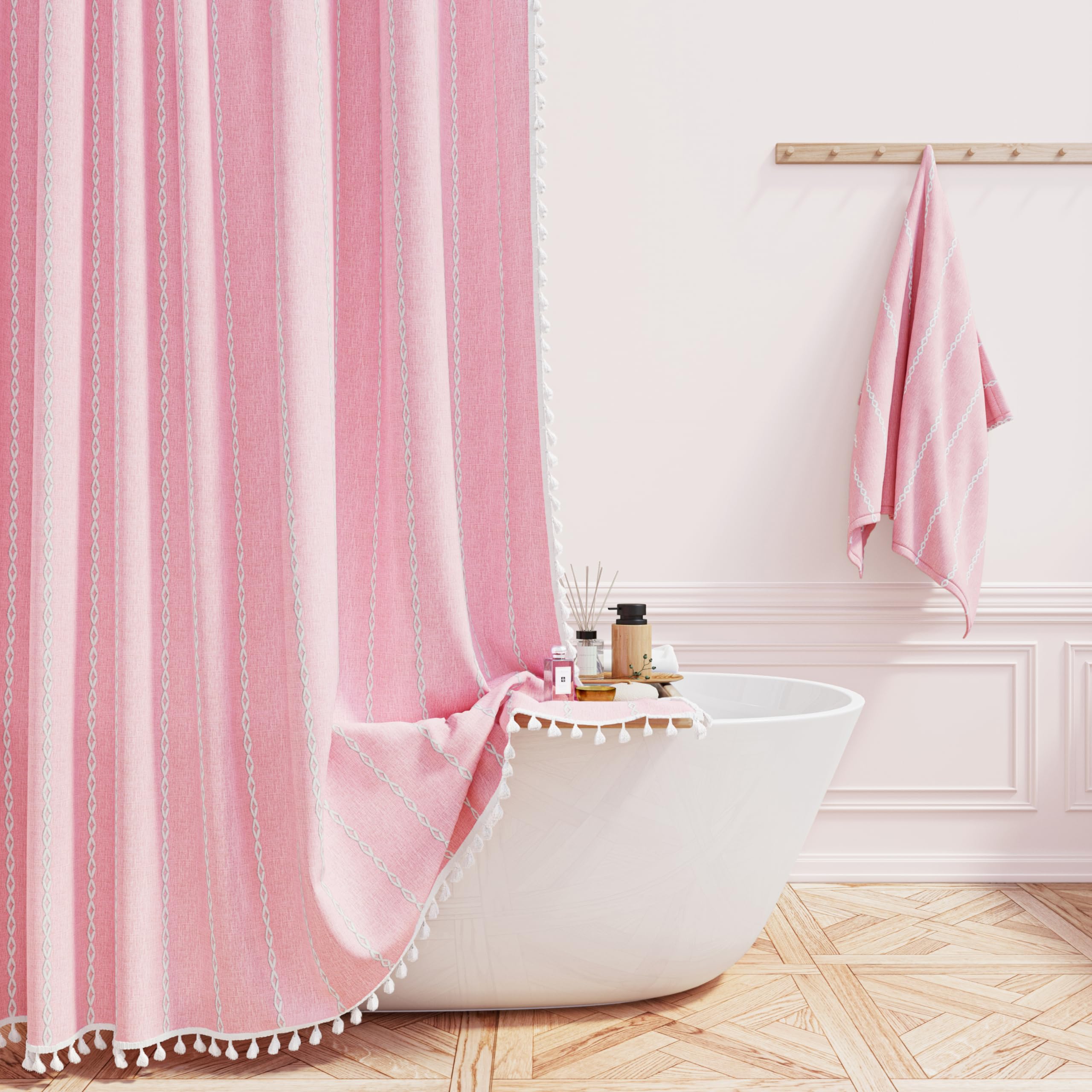 Bttn Extra Long Shower Curtain - 72X84 Long Pink Boho Chic Striped Tassel Linen Fabric Shower Curtain Set With 12 Hooks, Tall Mo