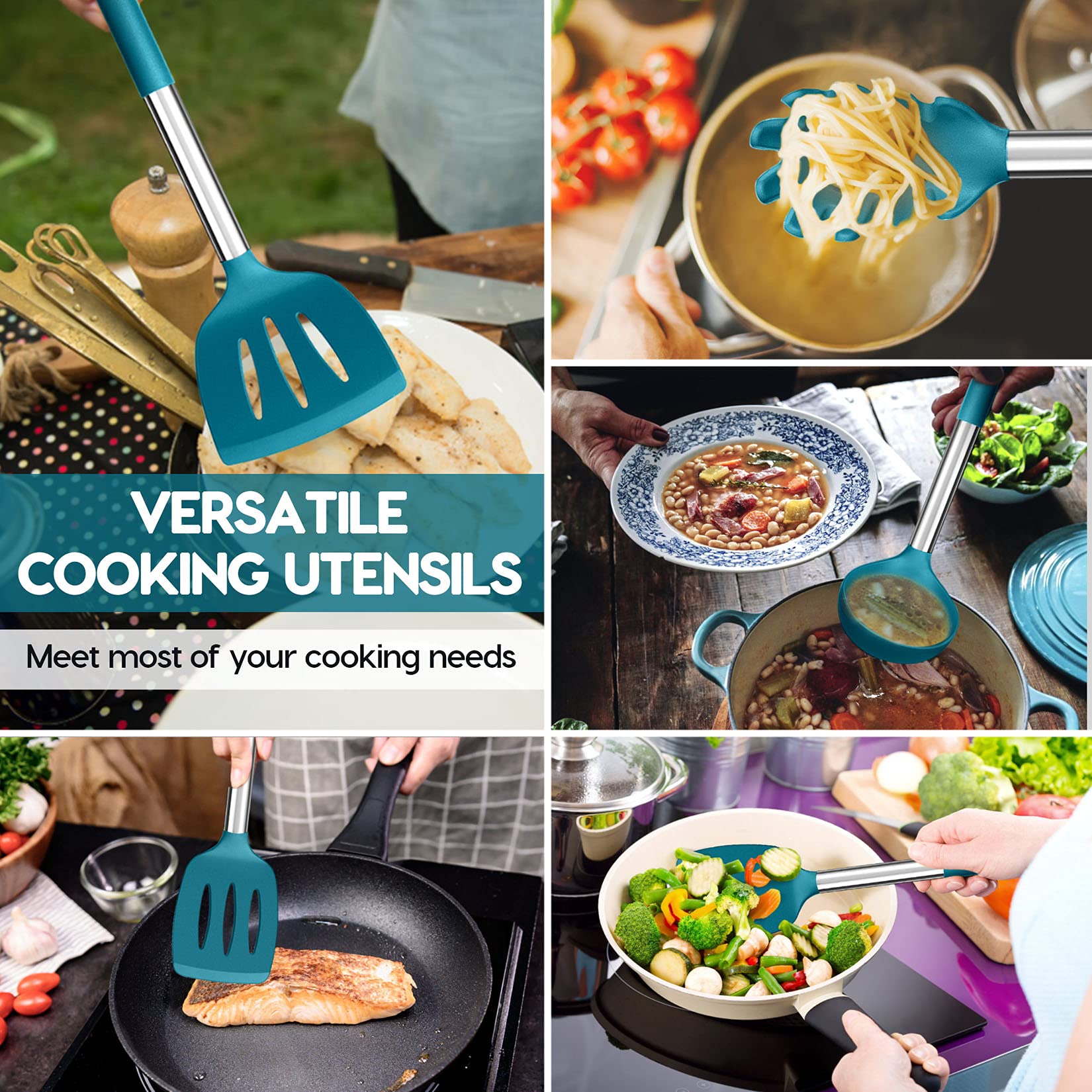 P&P Chef Kitchen Utensils Set(10Pcs), Blue Heat-Resistant Silicone Cooking Utensil Kit With Stainless Steel Handles, For Nonstic