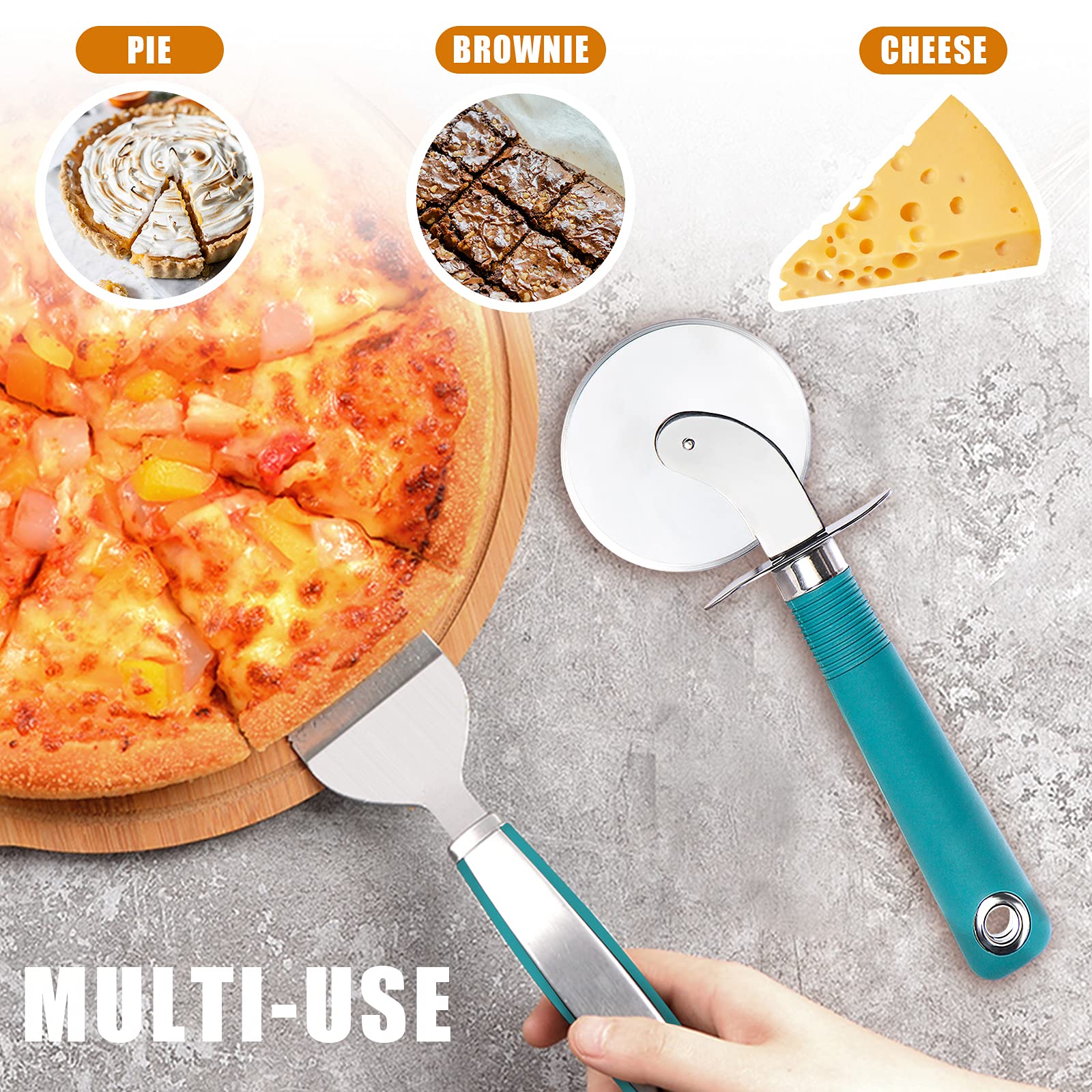 Webake Pizza Cutter Wheel Pie Serve Set, Large Pizza Slicer Stainless Steel Pie Cake Cutter With Non-Slip Green Handle, Ideal Fo