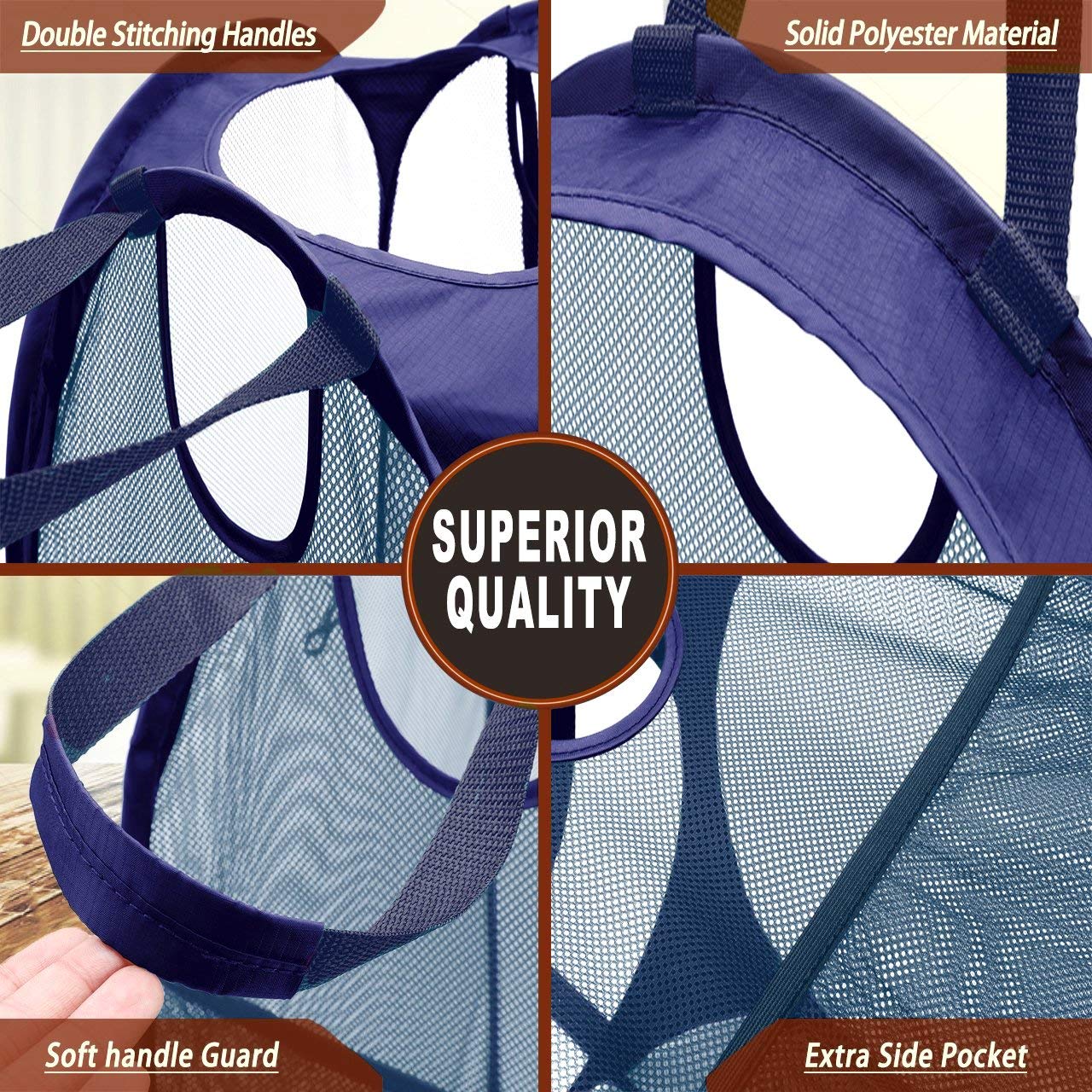 HOUSE AGAIN [Reinforced] Strong Mesh Pop-up Laundry Hamper, Quality Collapsible Laundry Basket with Durable Handles Solid Bottom