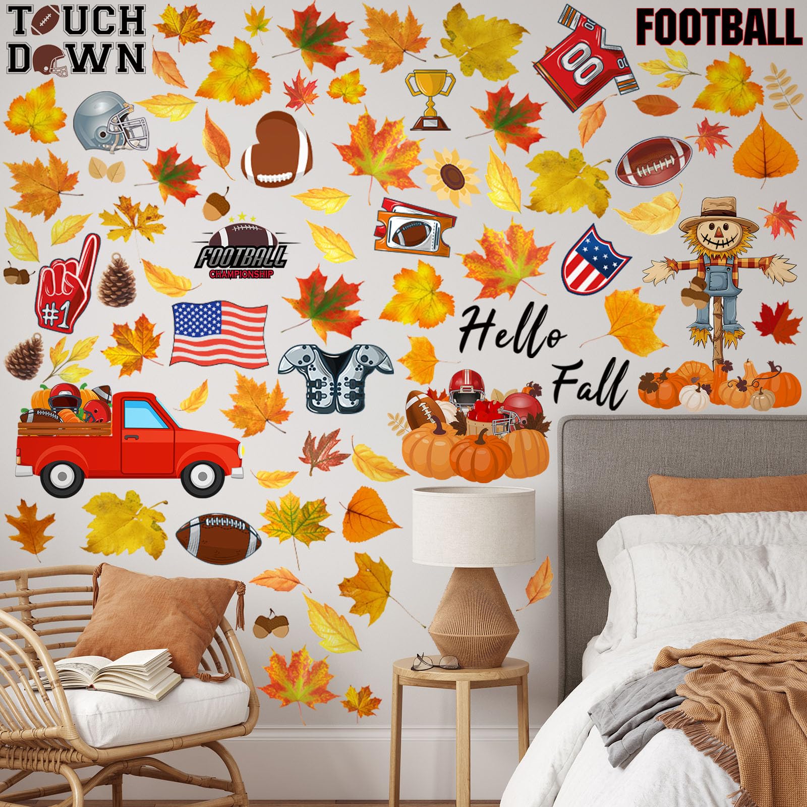 Fullhawl 6 Sheet Thanksgiving Wall Decals Thanksgiving Pumpkin Maple Leaf Truck Wall Decals Fall Football Stickers for Fall Foot