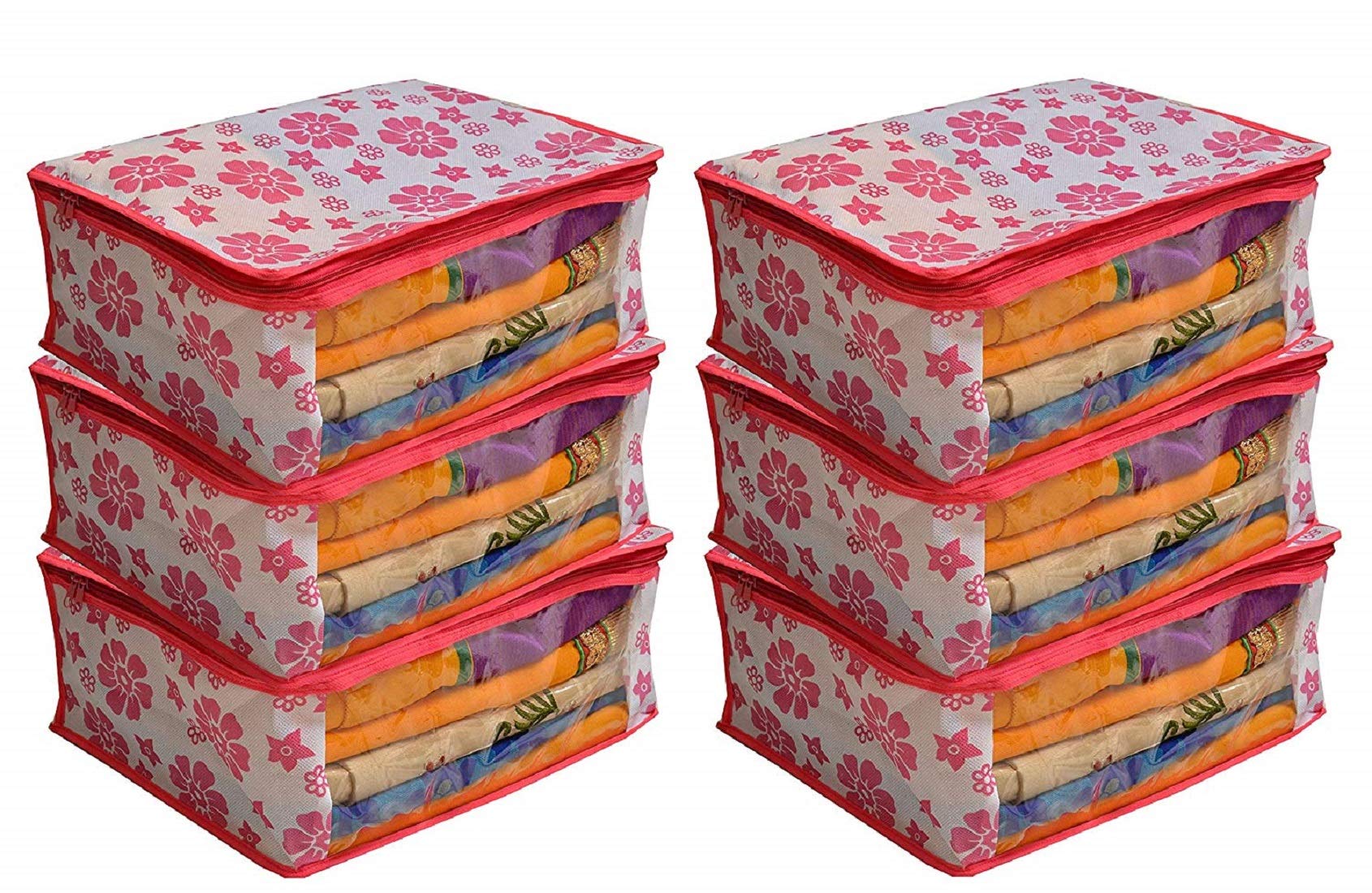 Kuber Industries NonWoven Floral Design Non Woven Saree Cover Set|Transparent Window & Zipper Closure|Regular Cloth Bag|Wardrob