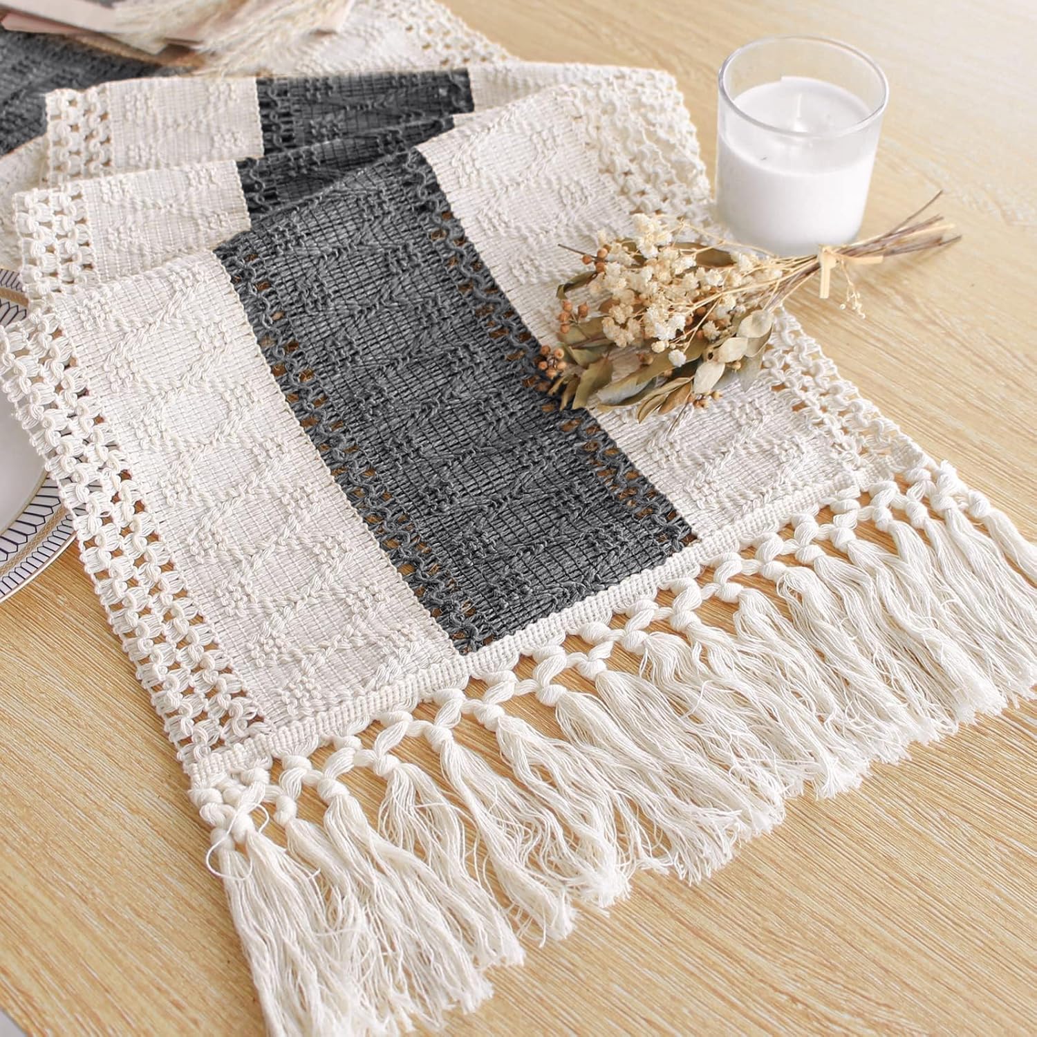 FEXIA Boho Table Runner for Home Decor with Tassels 90 Inches Long,Grey Farmhouse Rustic Table Runner Macrame Burlap Table Decor