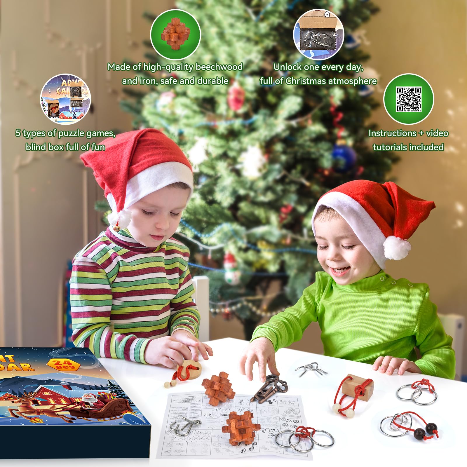 Advent Calendar 2025 Brain Teaser Puzzles for Adults Teens Kids, 24 Pcs Metal & Wood Puzzle Christmas Countdown Calendar with Fu