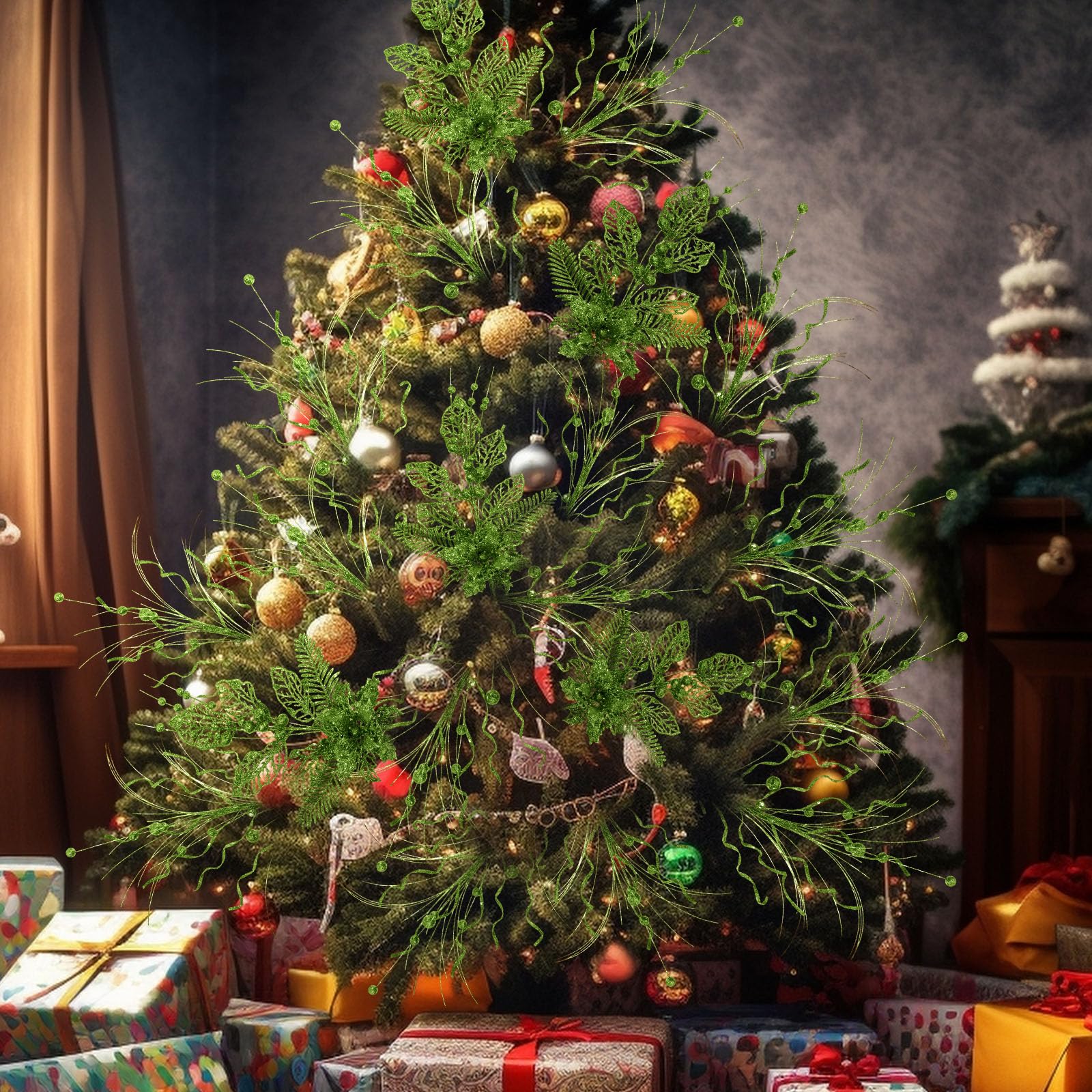 Yunlly 24 Pcs Green Christmas Tree Picks and Sprays Glitter Berry Stem Branches Artificial Christmas Picks Twigs Xmas Tree Ornam