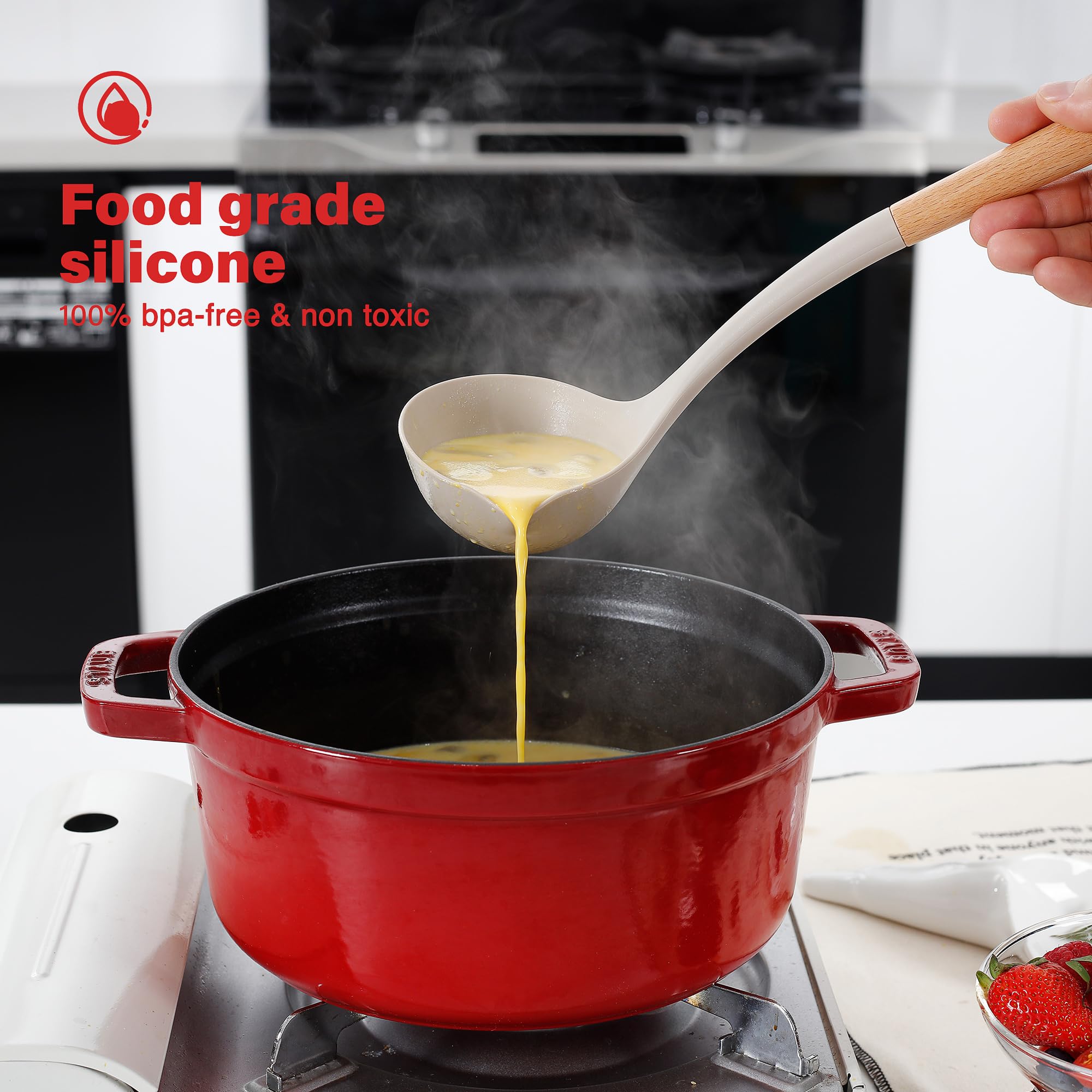 Ncue Kitchen Utensils Set, Large Non-Stick Silicone Cooking Utensils Set 6 Pcs, Wooden Handle Heat Resistance Silicone Spatula S