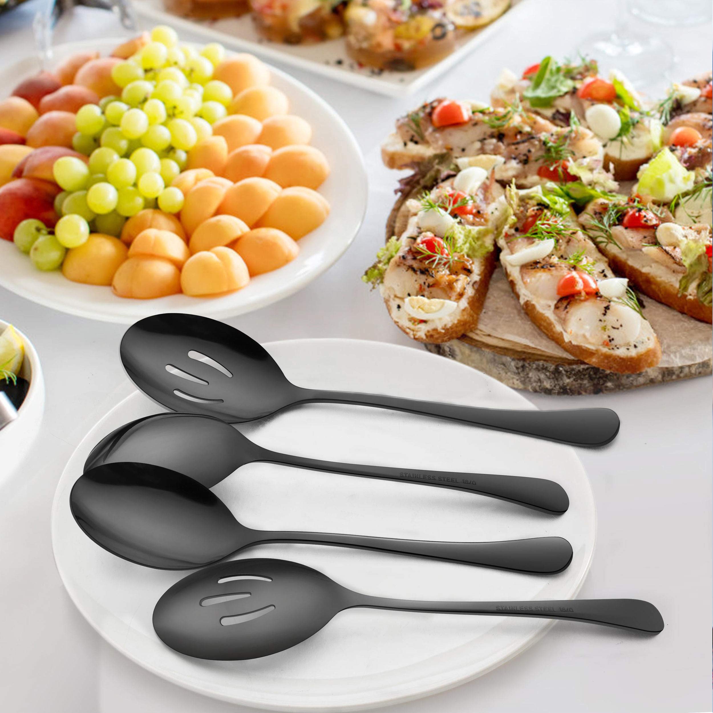 Lianyu 6-Piece Large Black Serving Spoons, Black Slotted Spoons, Stainless Steel Serving Utensils For Party Buffet Restaurant Ba