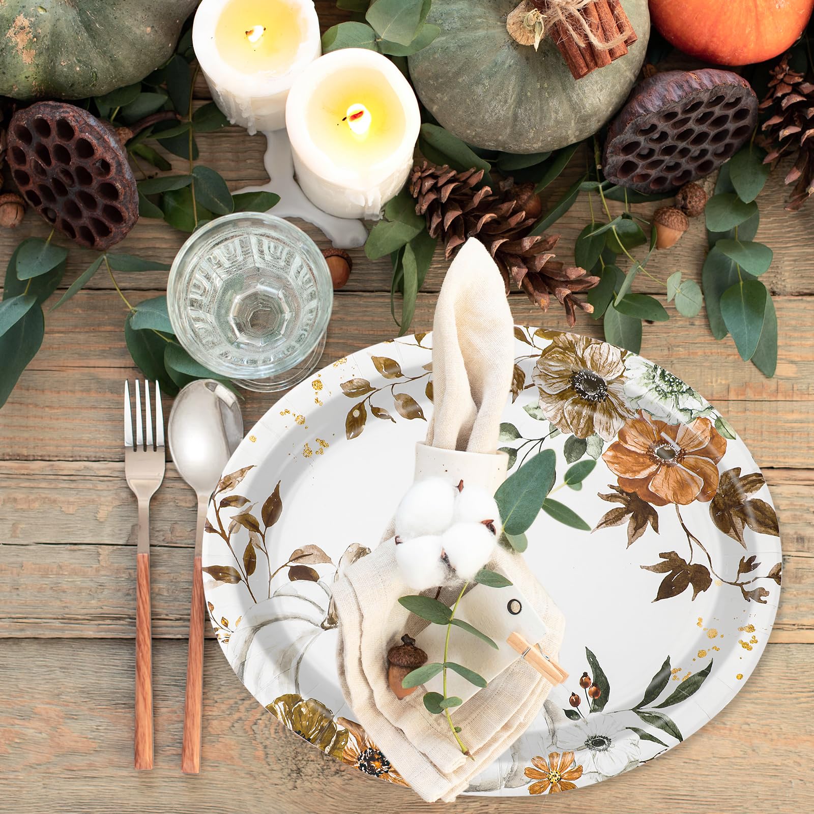 50Pcs Fall Oval Paper Plates Pumpkin Floral Disposable Dinner Plates for Autumn Thanksgiving Harvest Party Supplies